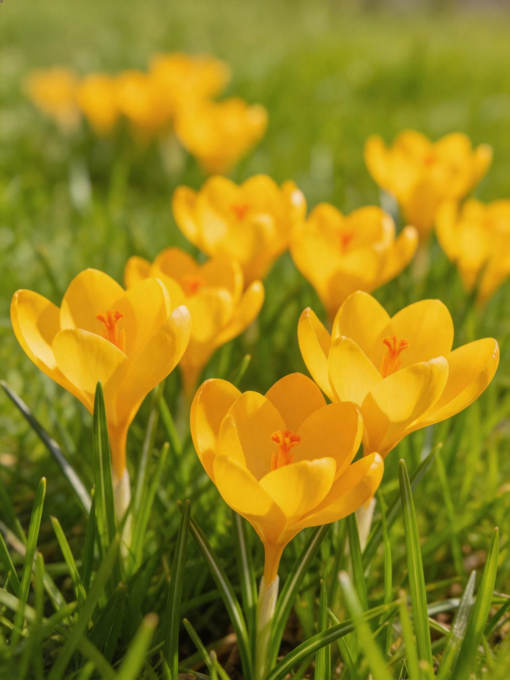 Bright Yellow Crocuses Blooming Among Lush Green Grass