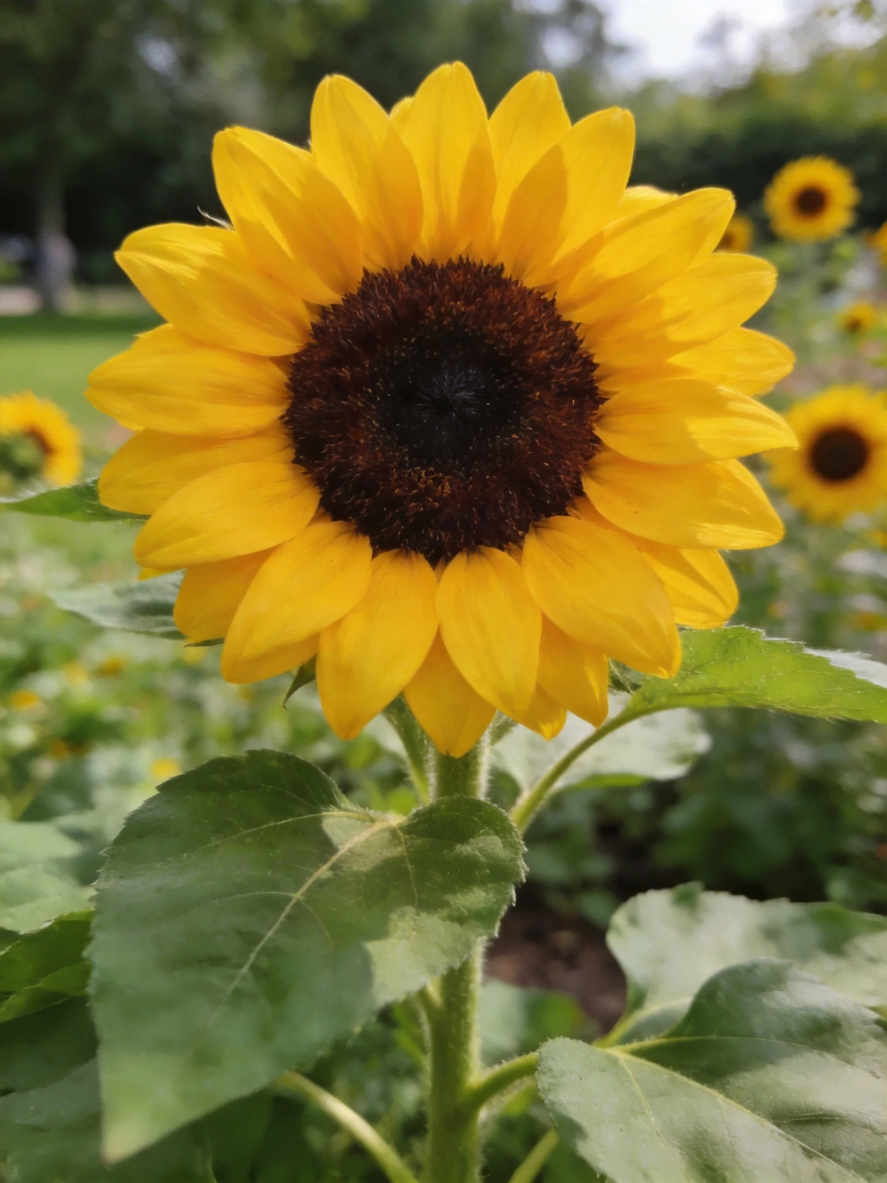 Bright Yellow Sunflower with Dark Brown Center and Green Foliage