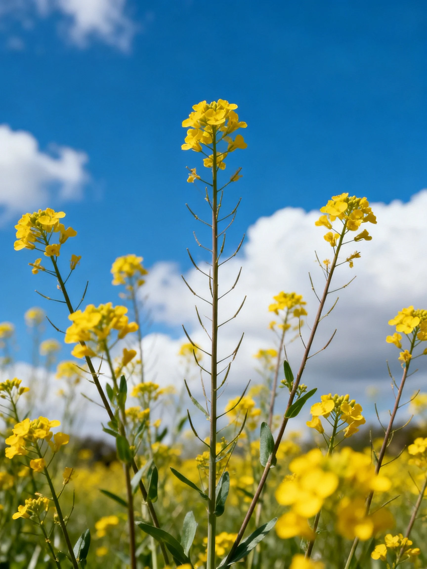 Bright Yellow Wildflowers Stand Tall Under Blue Sky with Fluffy White Clouds
