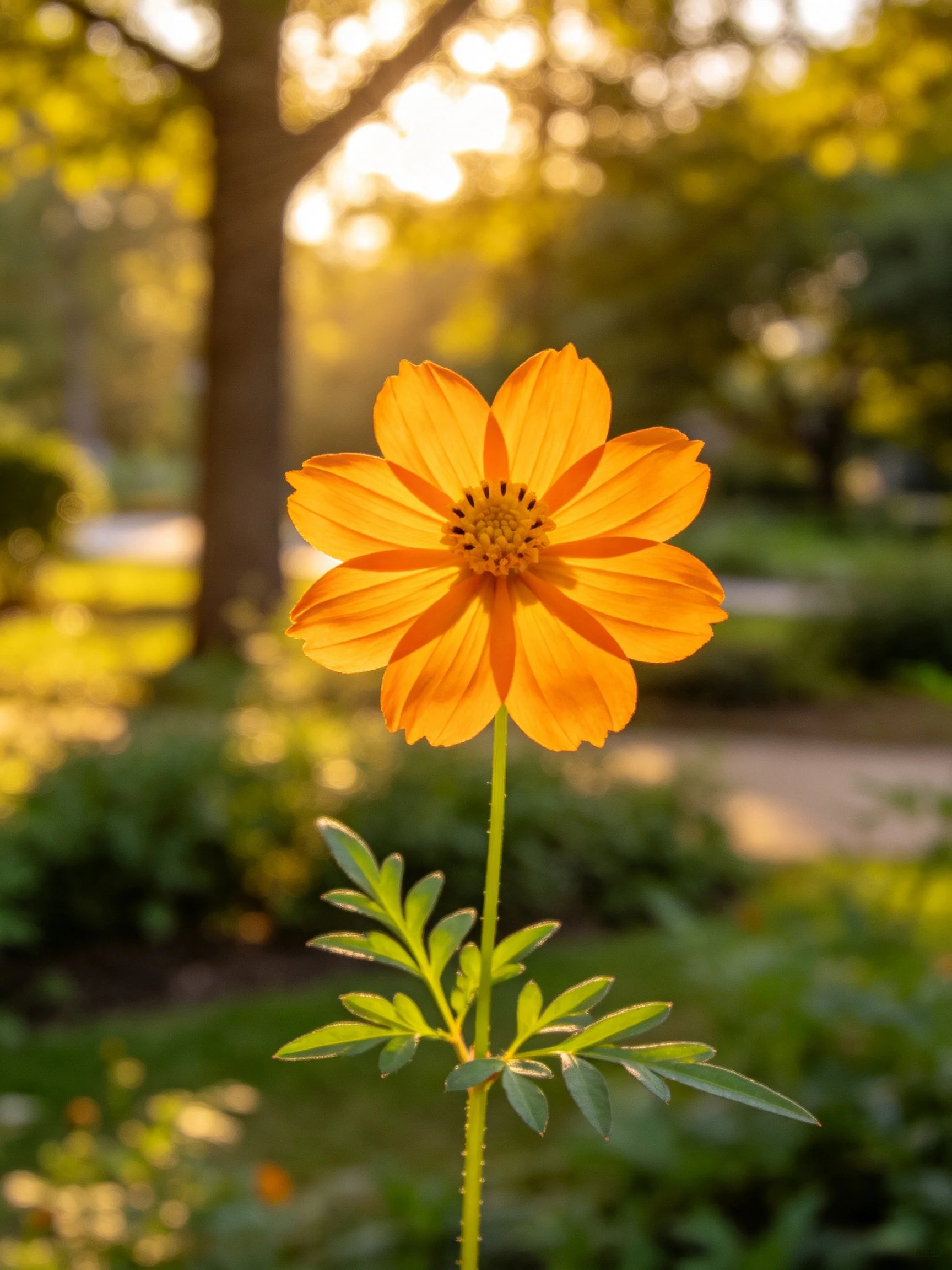 Bright orange flower centered in sunlit green park setting