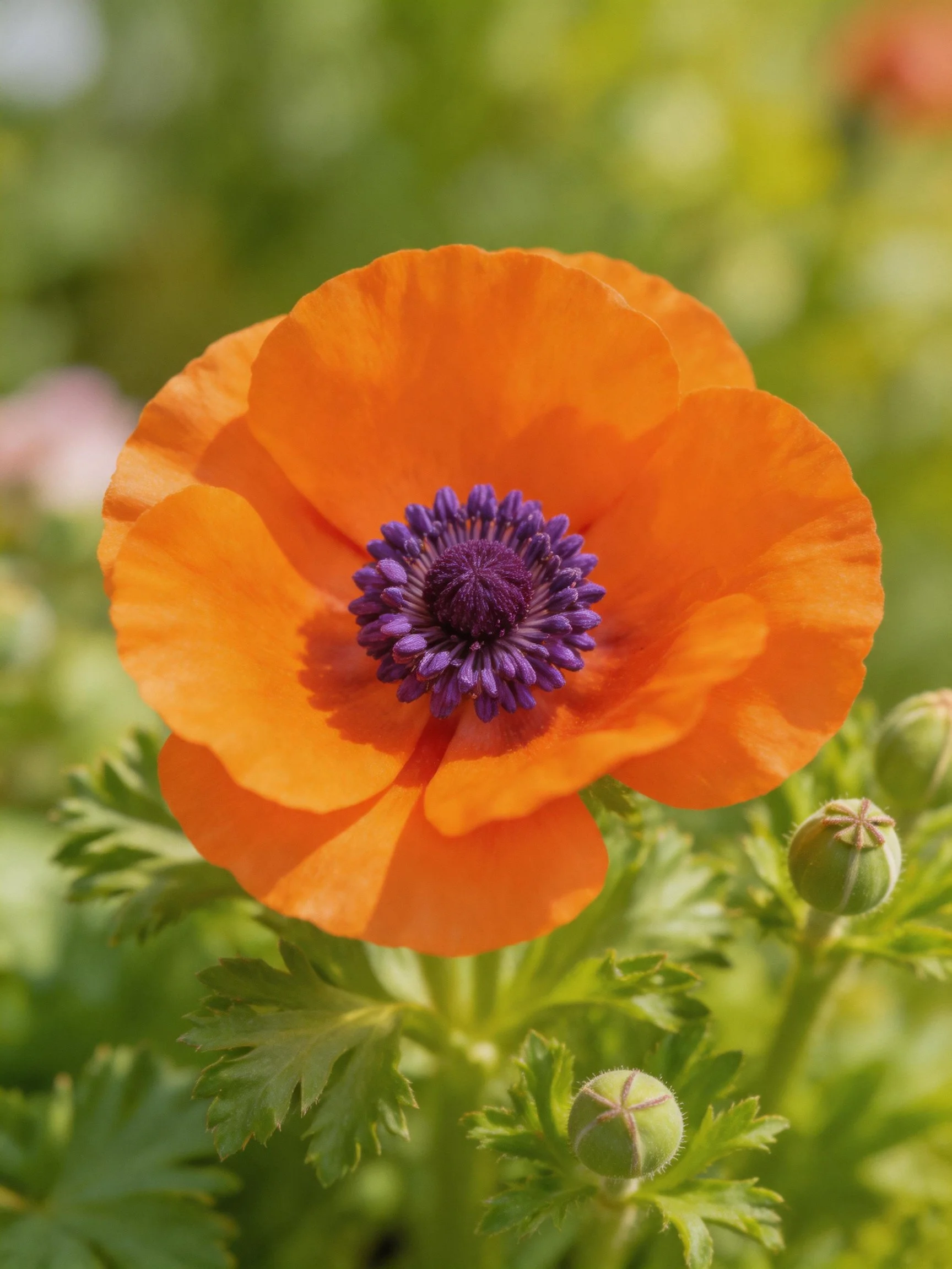 Bright orange flower with purple center amid green foliage