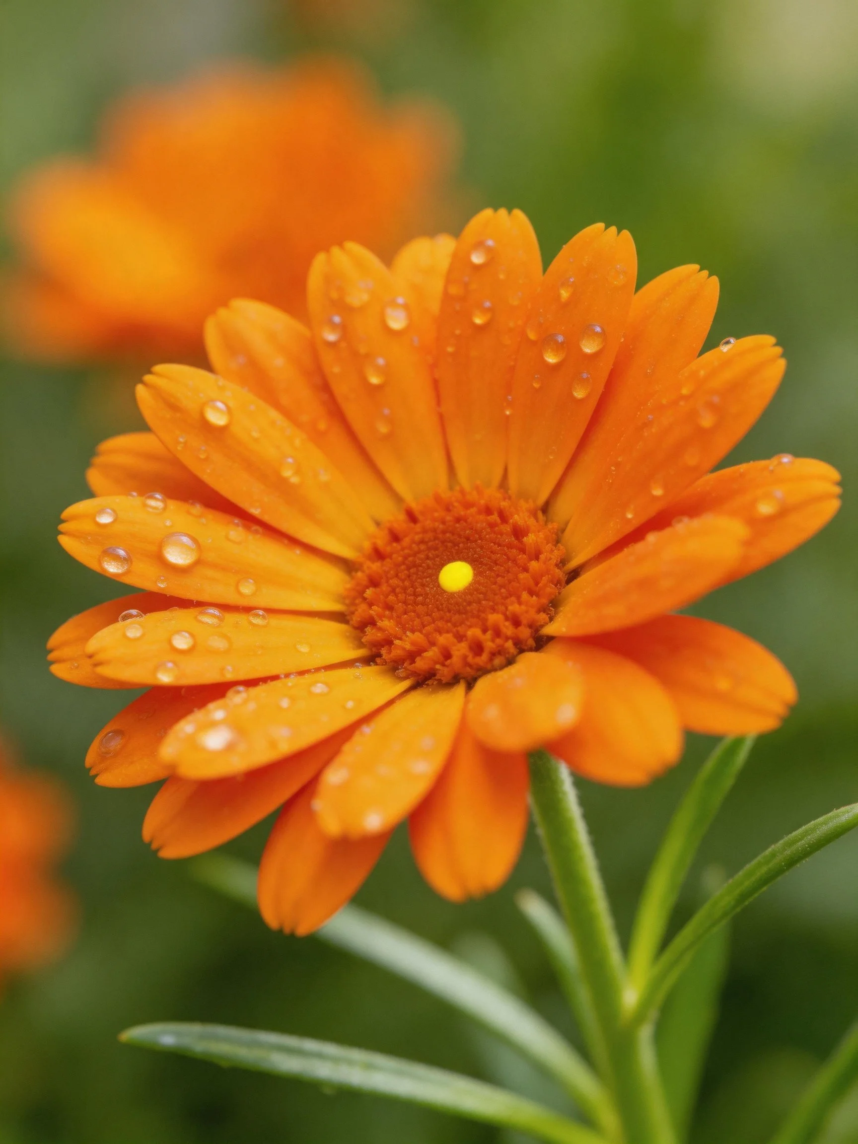 Bright orange flower with water droplets and green stems
