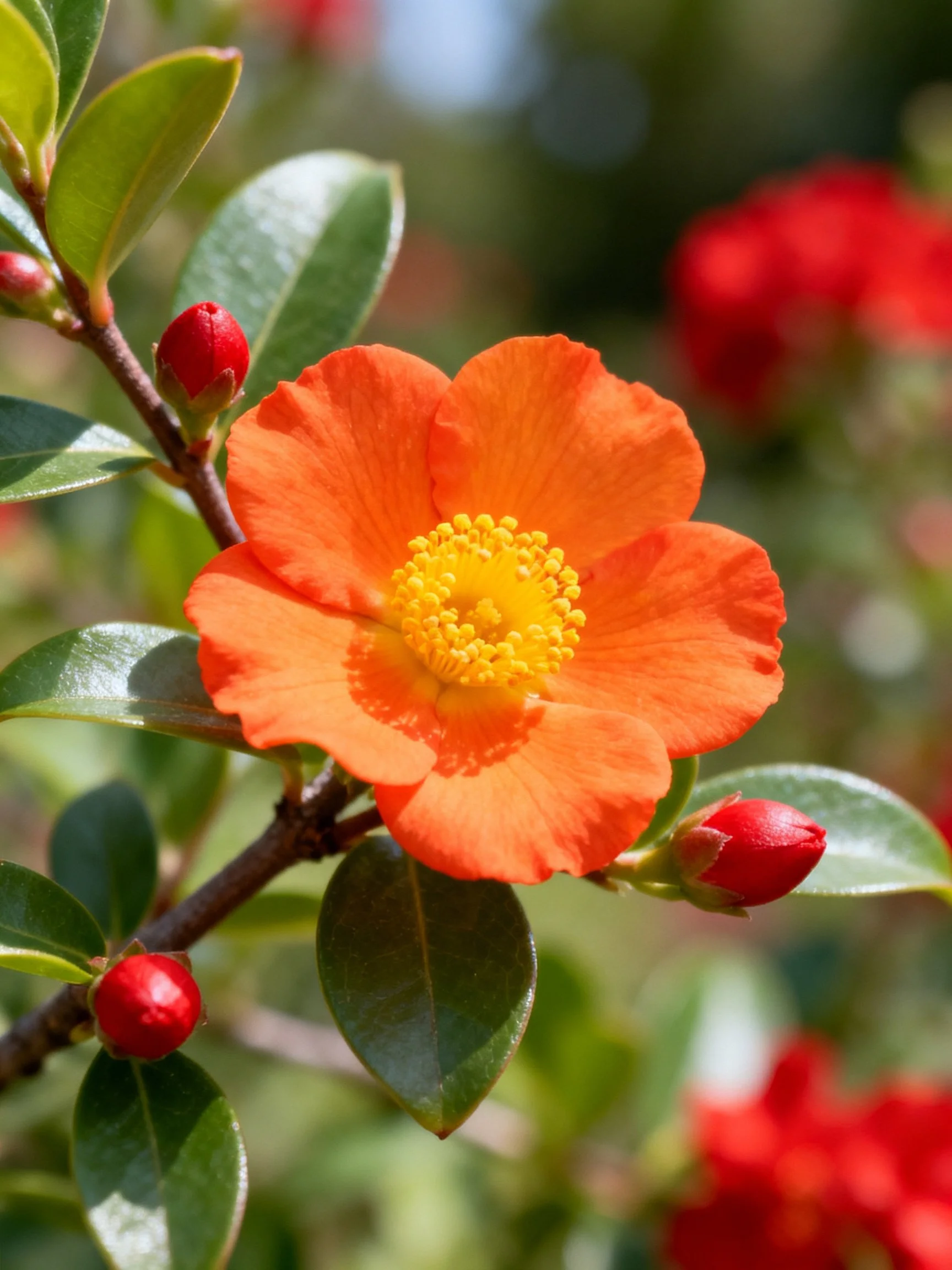 Bright orange flower with yellow center, glossy green leaves, red buds