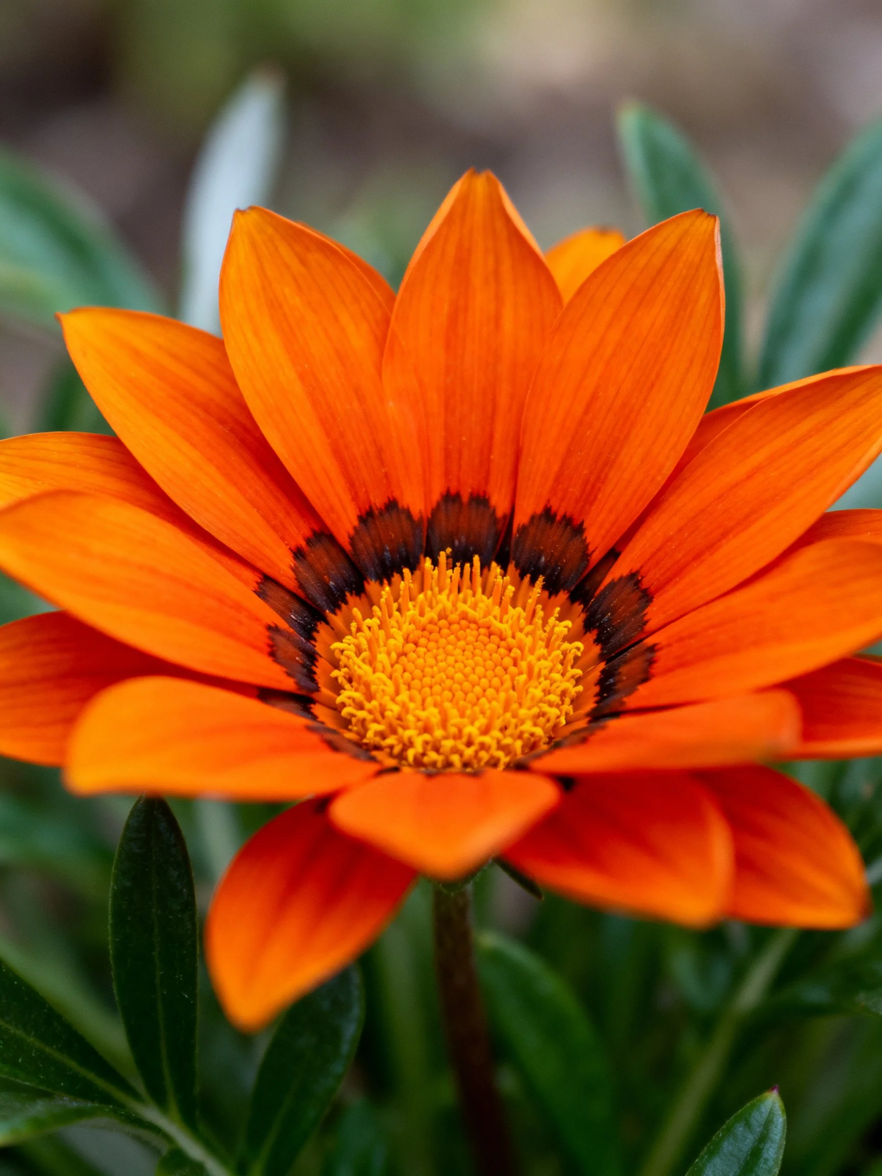 Bright orange gazania flower with dark central band and green leaves