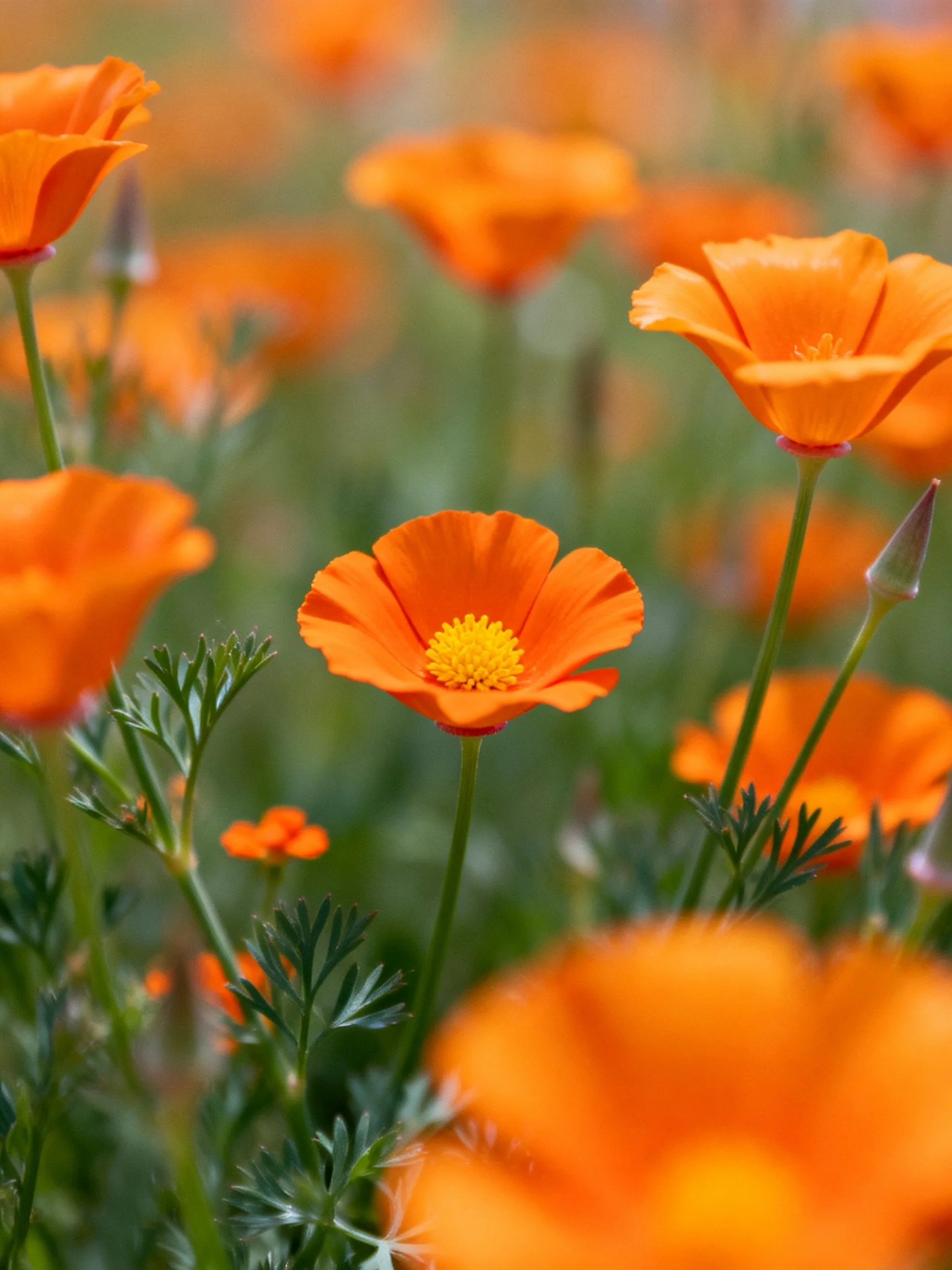 Bright orange poppies scattered amid lush greenery