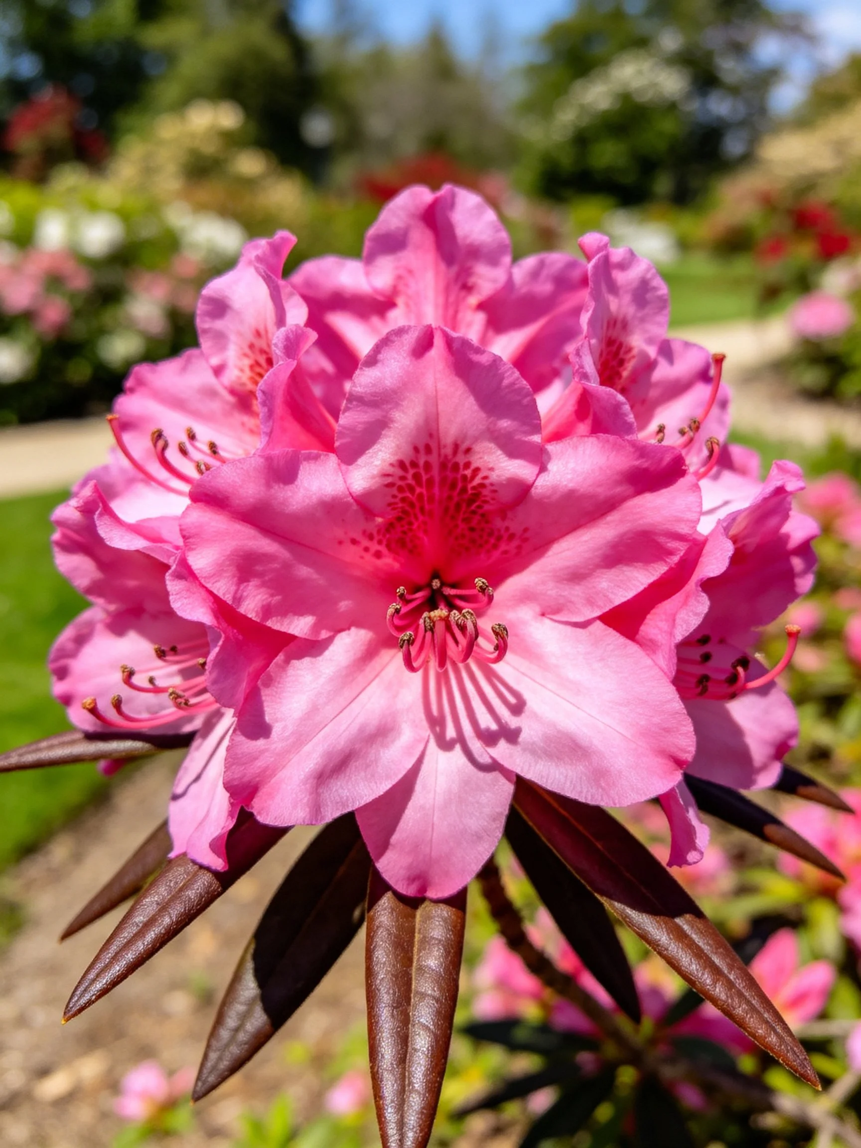Bright pink rhododendron blooms with dark foliage in a sunlit garden