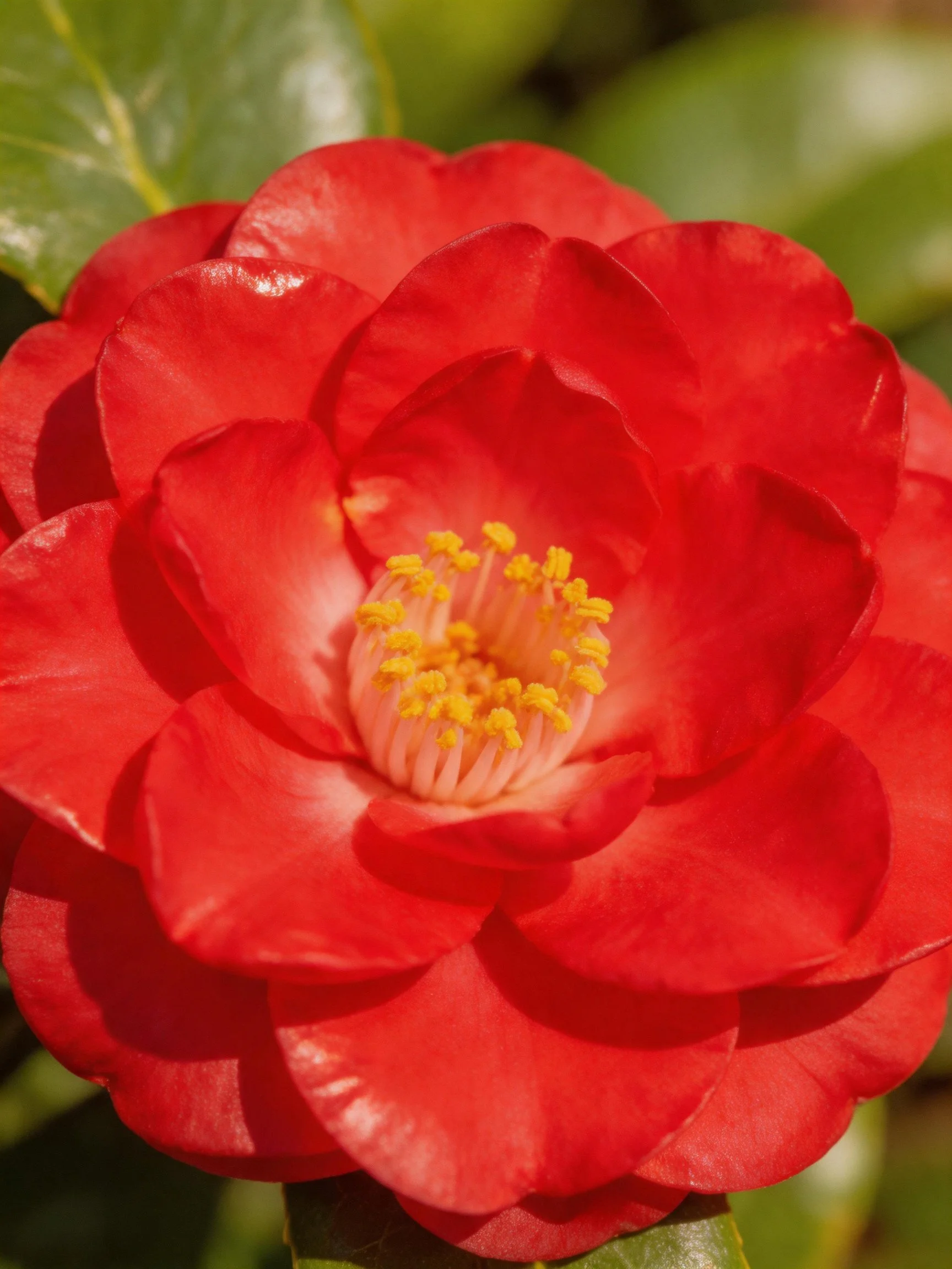 Bright red camellia flower with layered petals and yellow center
