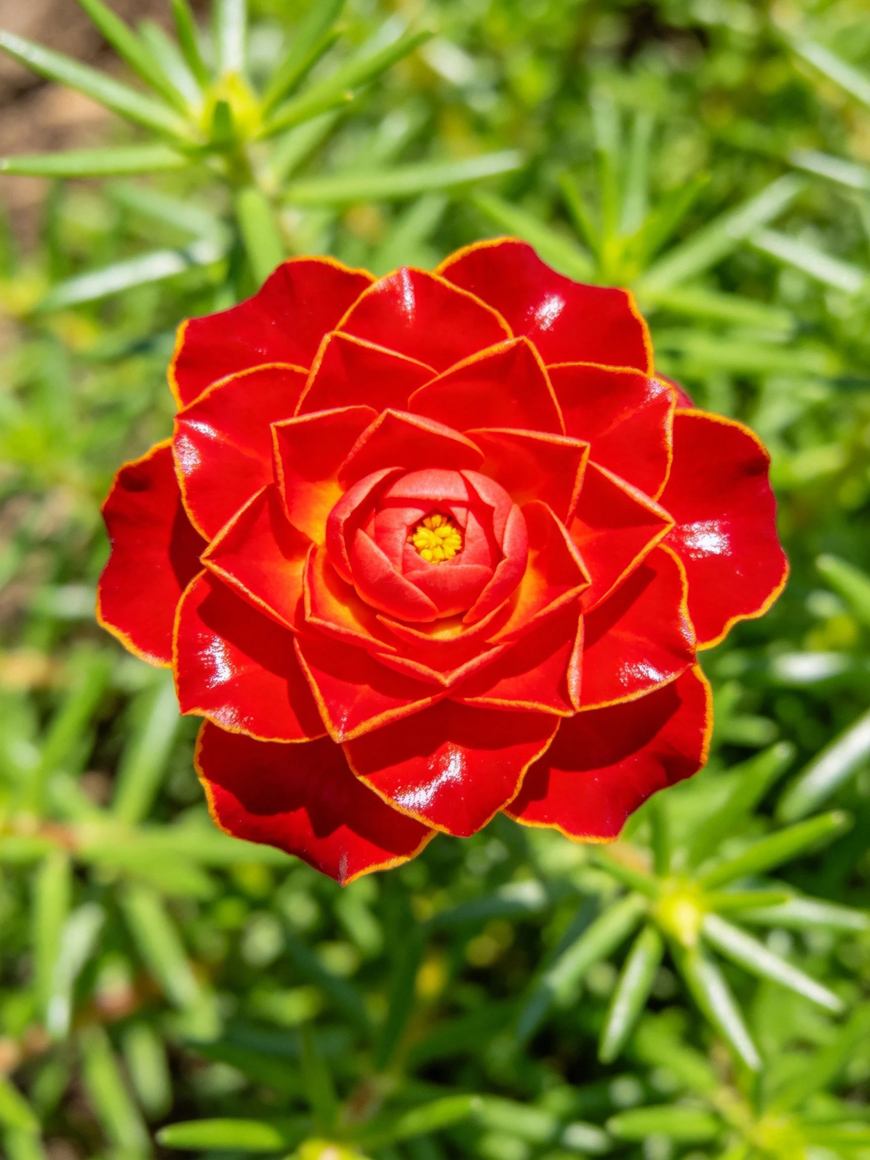 Bright red flower with layered petals, yellow center, and green foliage