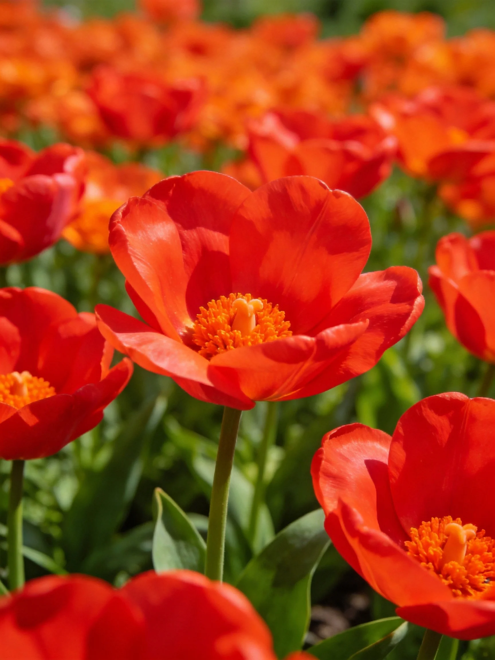 Bright red flowers with orange centers fill a sunlit green field