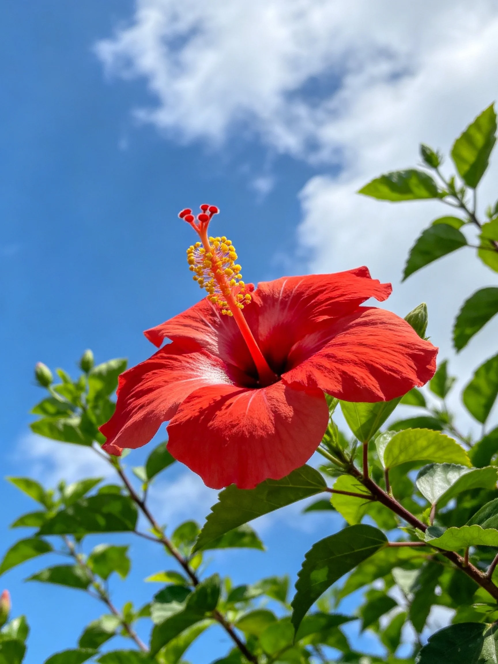 Bright red hibiscus flower against blue sky with green foliage