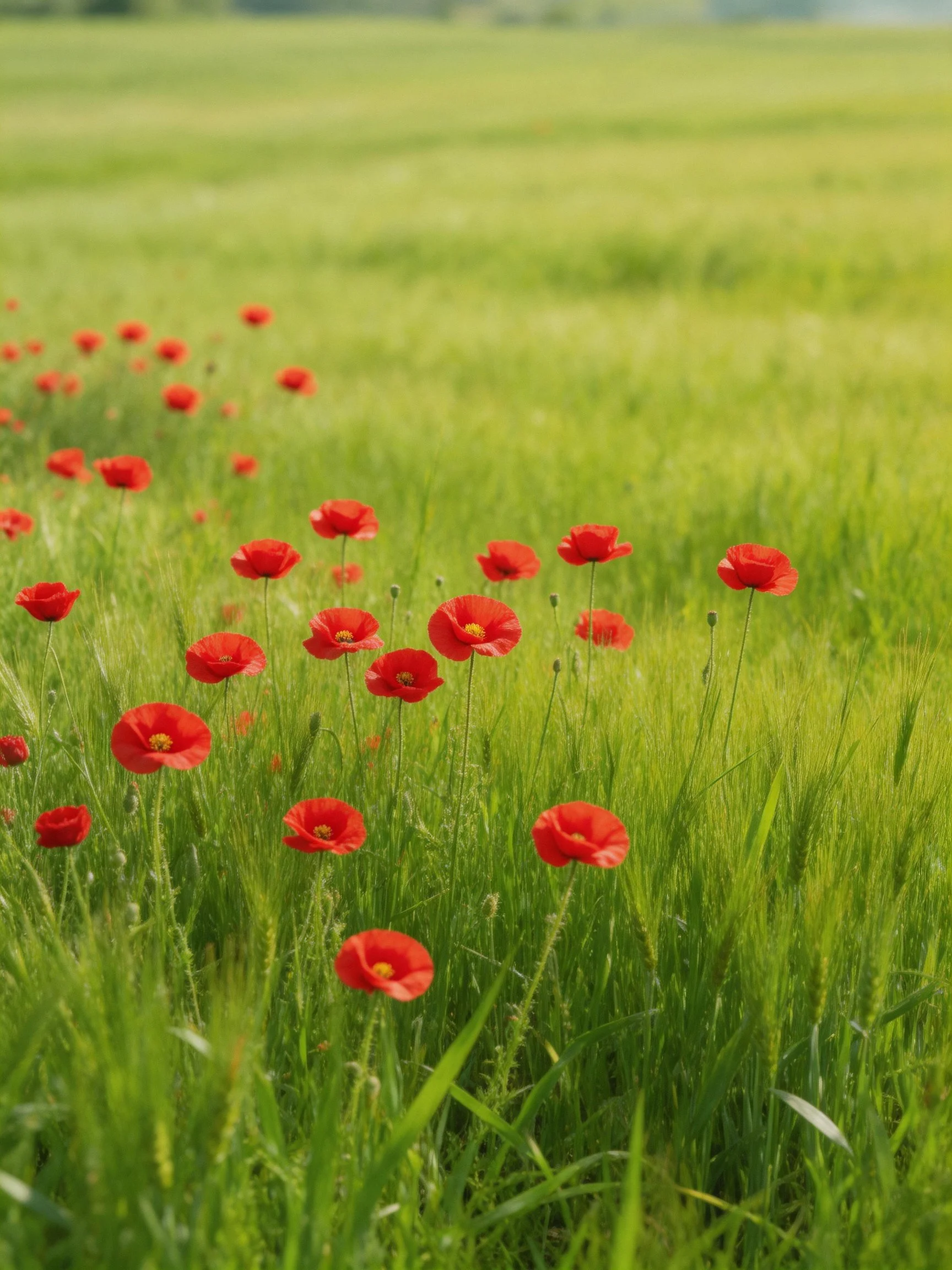 Bright red poppies scattered among tall green grassy fields