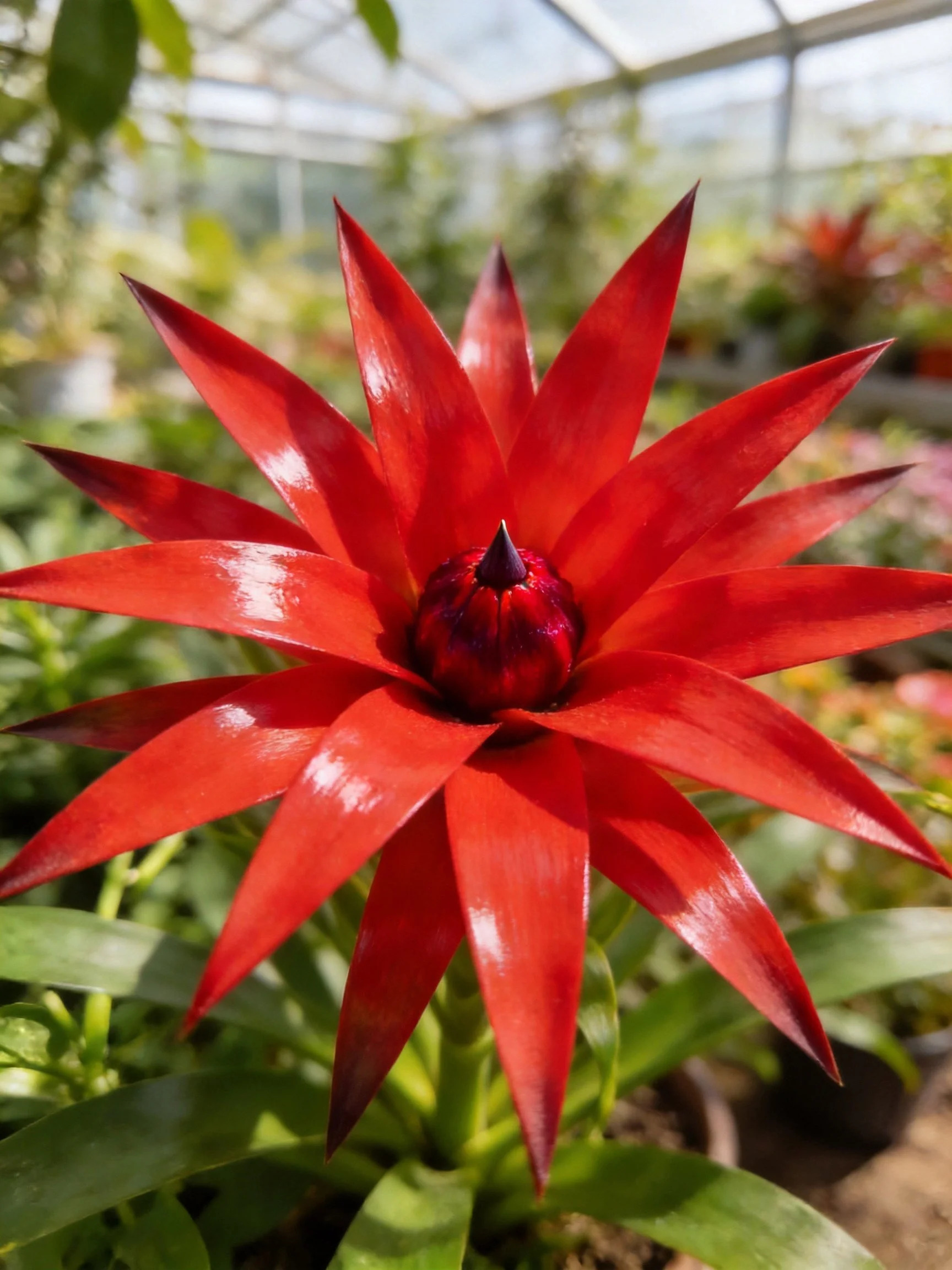 Bright red star-shaped flower in greenhouse