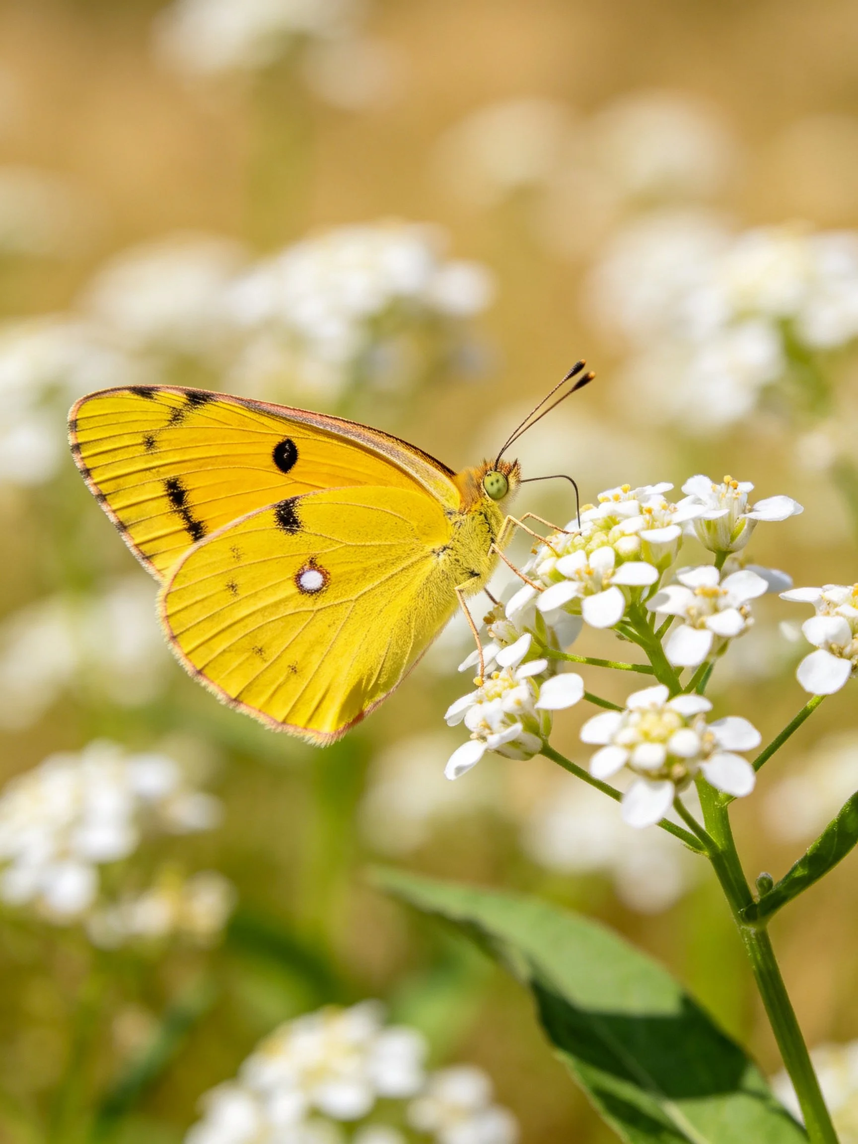 Bright yellow butterfly perched on small white flowers