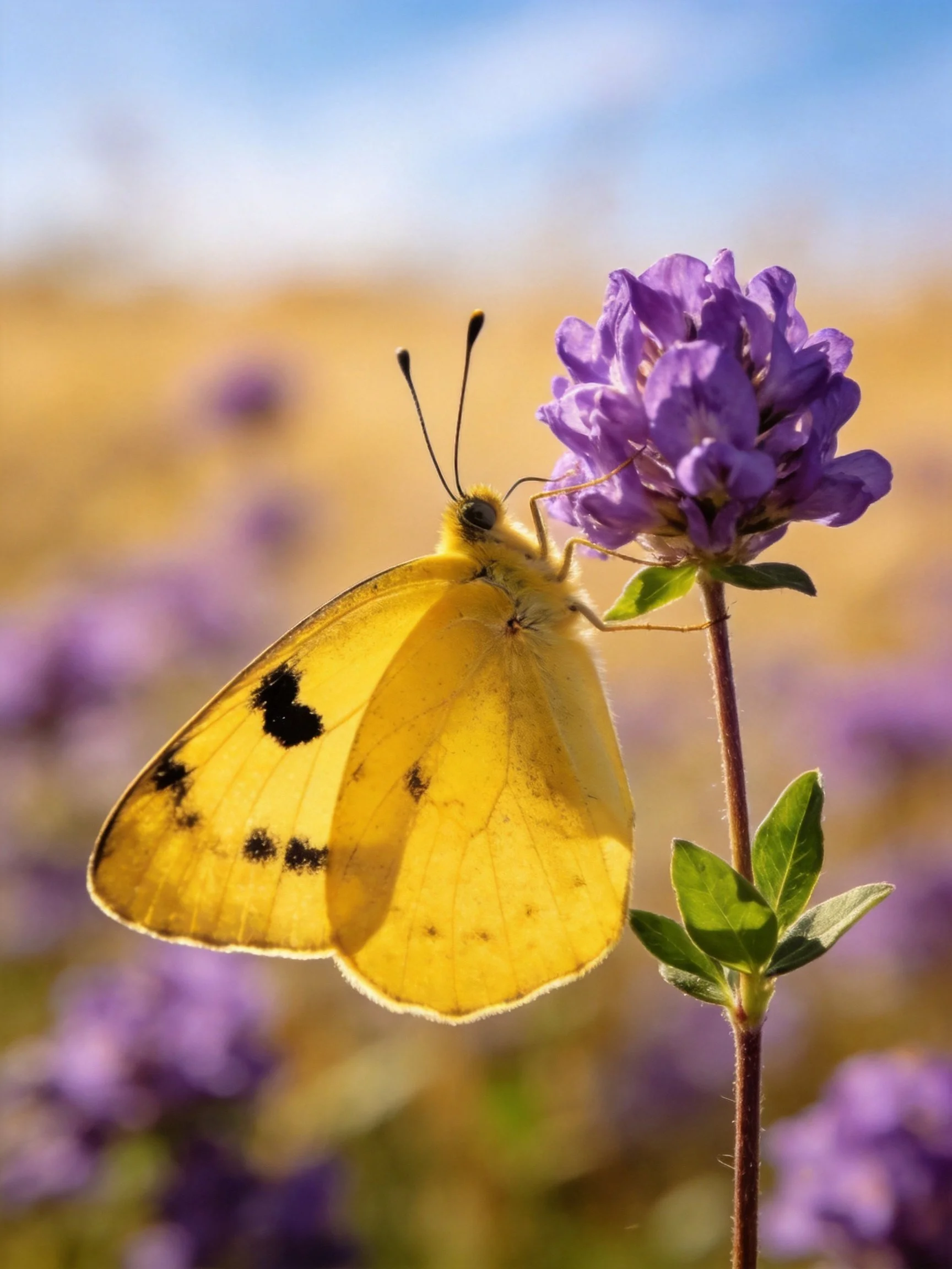 Bright yellow butterfly perched on vibrant purple flower