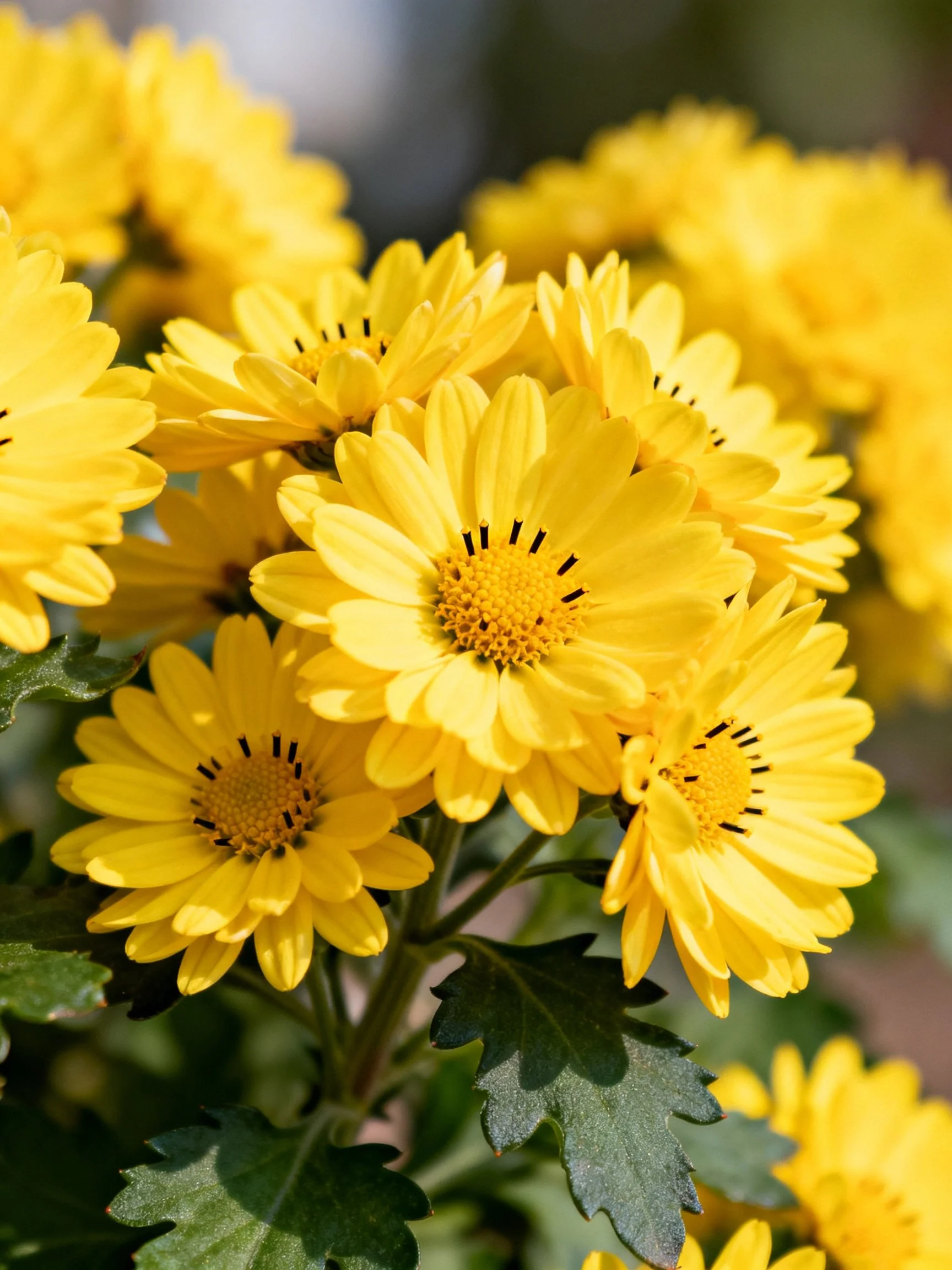 Bright yellow chrysanthemums clustered in natural sunlight
