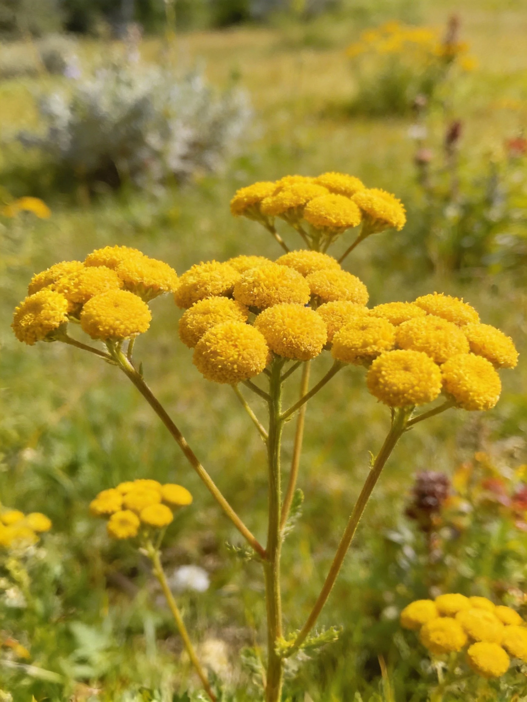 Bright yellow clustered flowers bloom in a sun-drenched meadow.