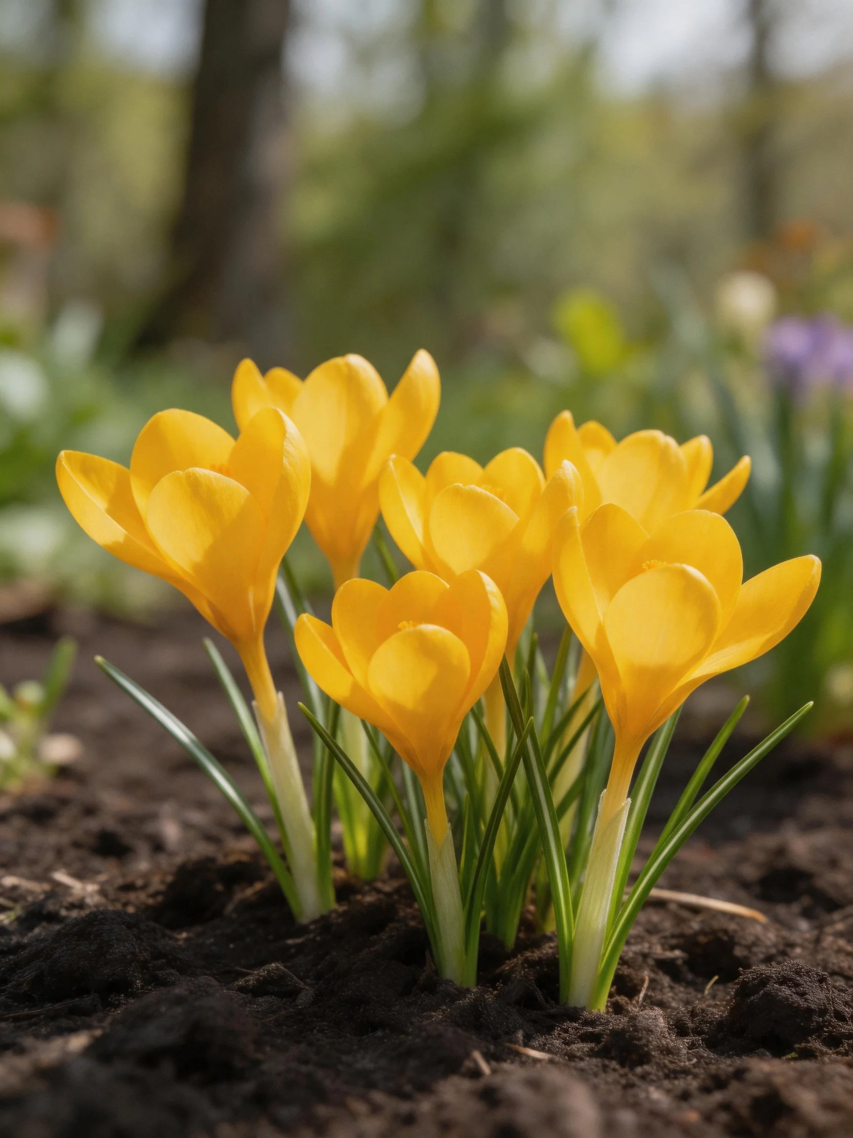 Bright yellow crocus flowers blooming from dark soil with green stems