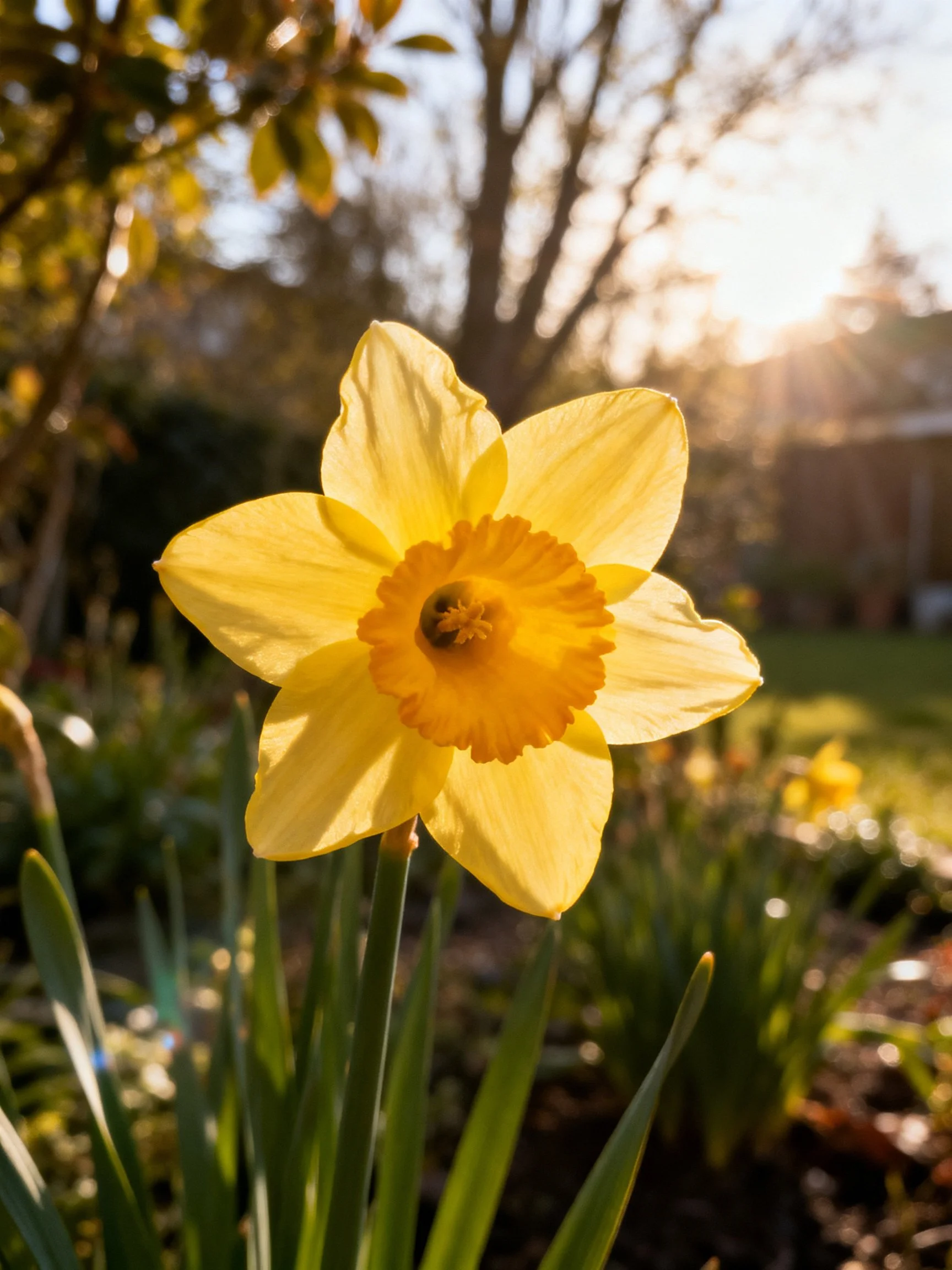 Bright yellow daffodil blooming under warm sunlight