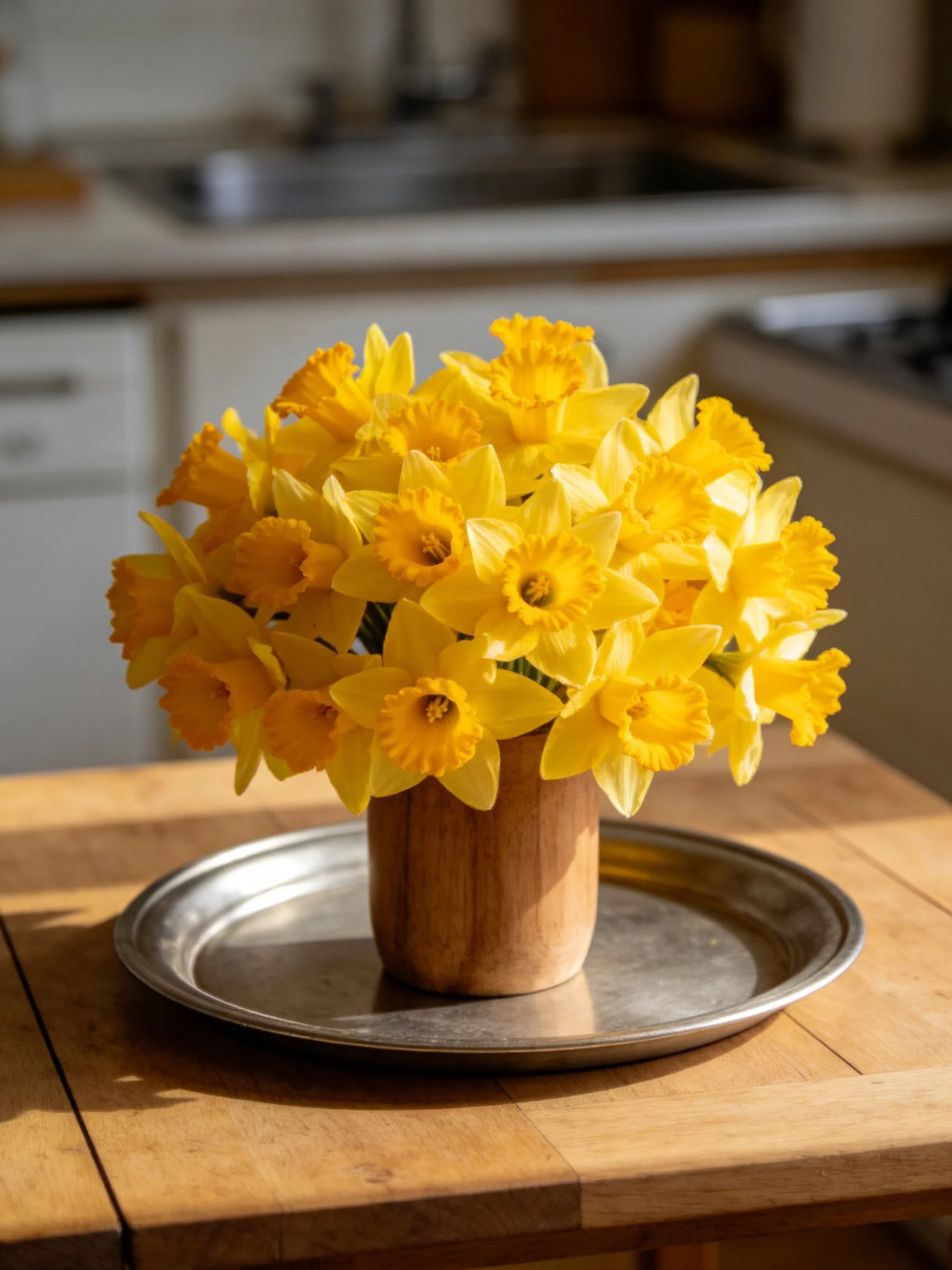 Bright yellow daffodil bouquet in a wooden vase on a metal tray