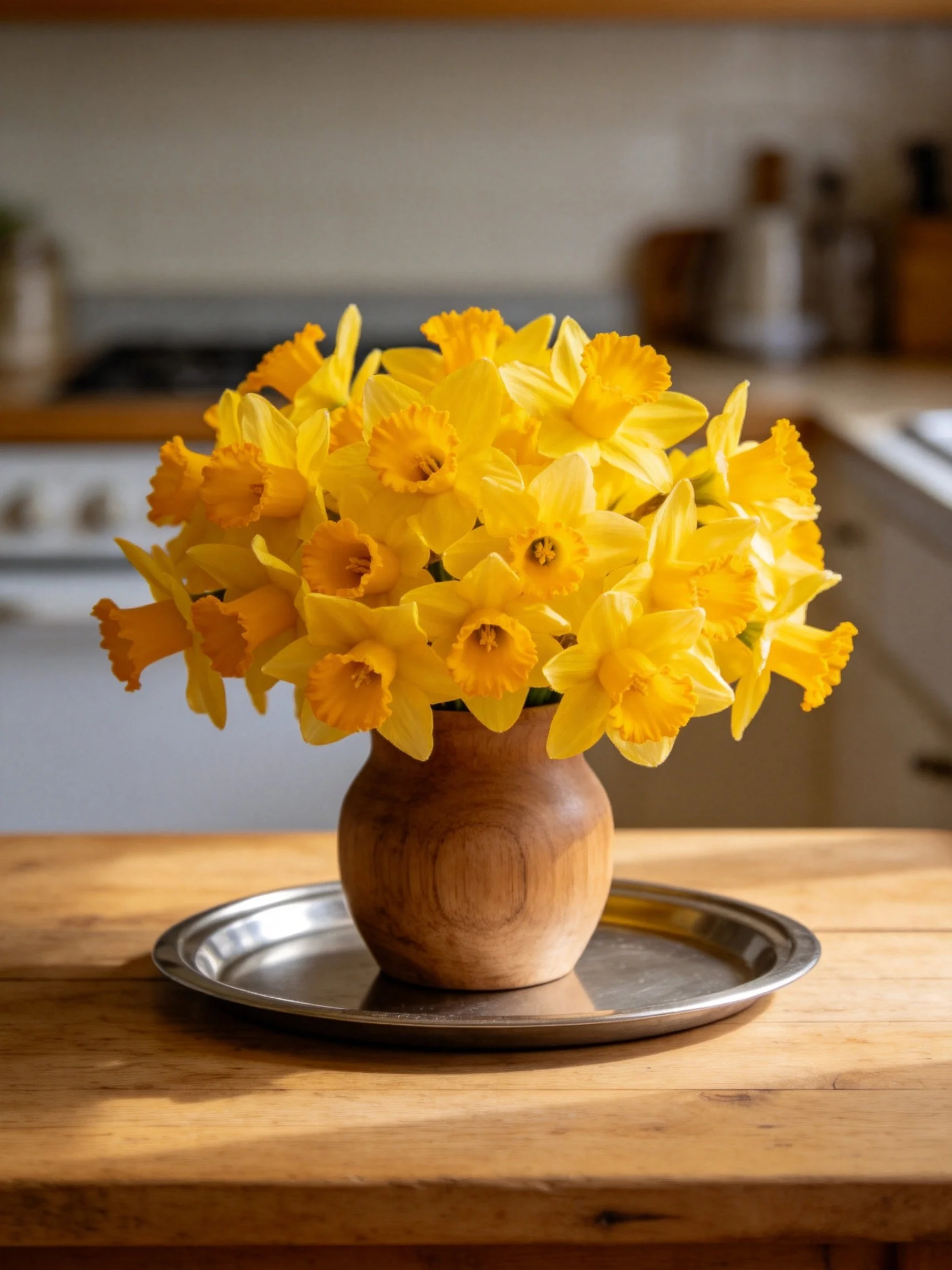 Bright yellow daffodil bouquetin wooden vase on metal tray