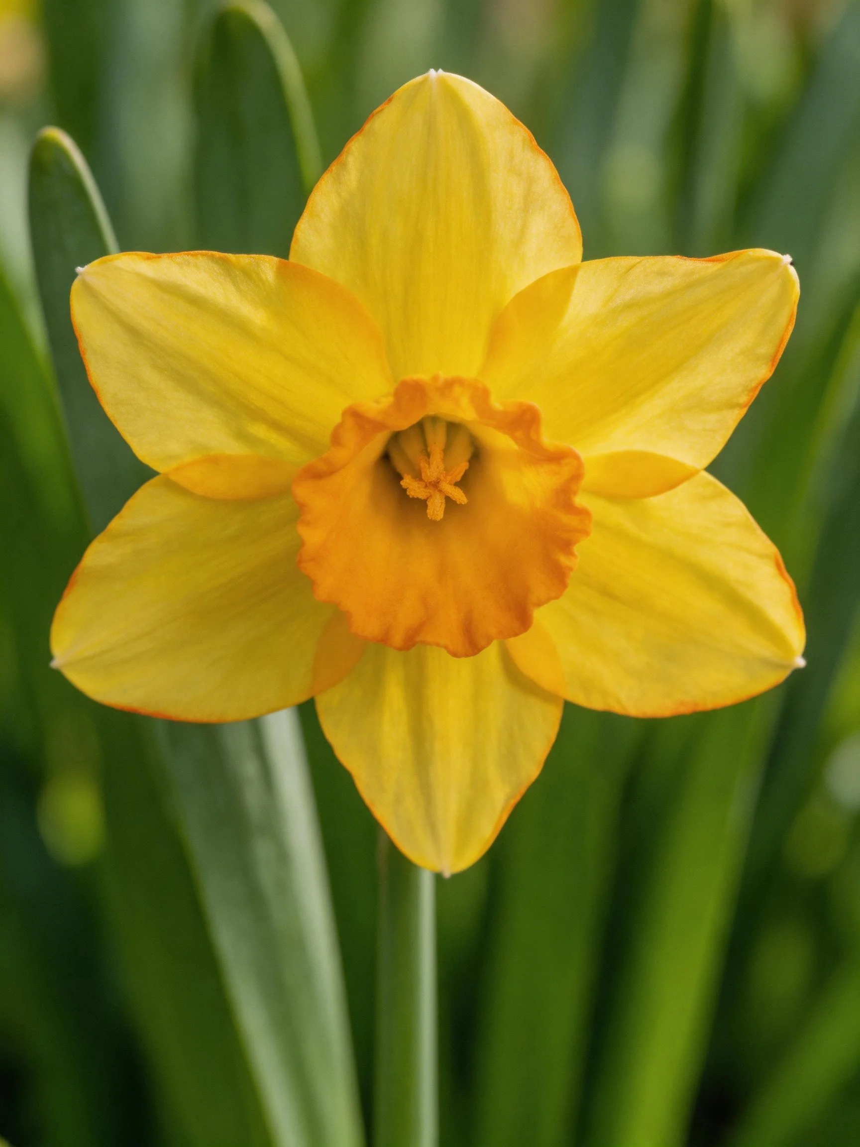 Bright yellow daffodil with orange center, surrounded by green foliage