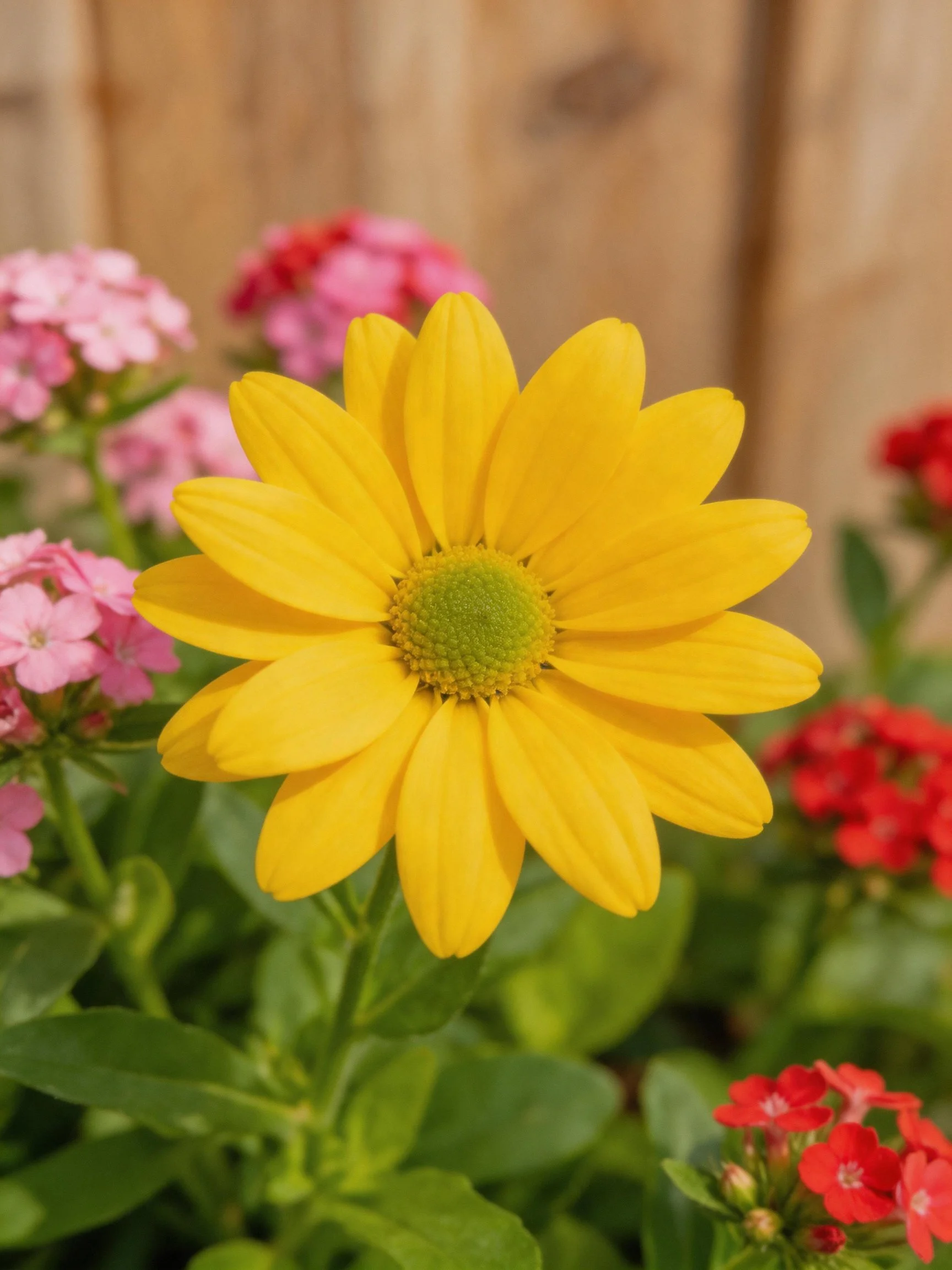 Bright yellow daisy centered among pink, red flowers, greenery, wooden fence