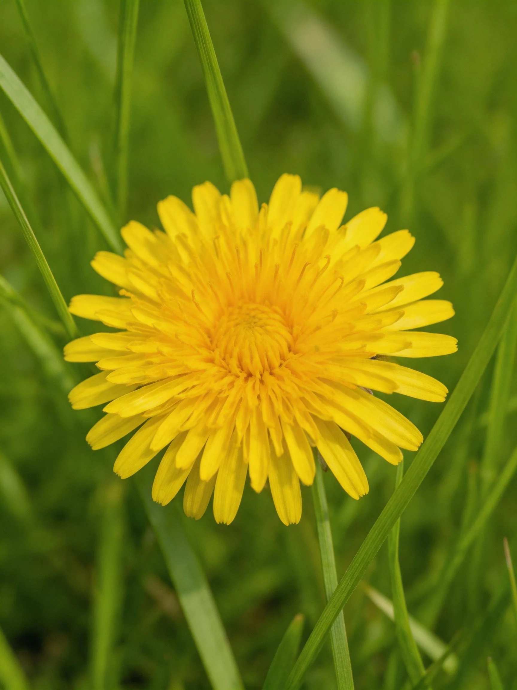 Bright yellow dandelion among green grass blades