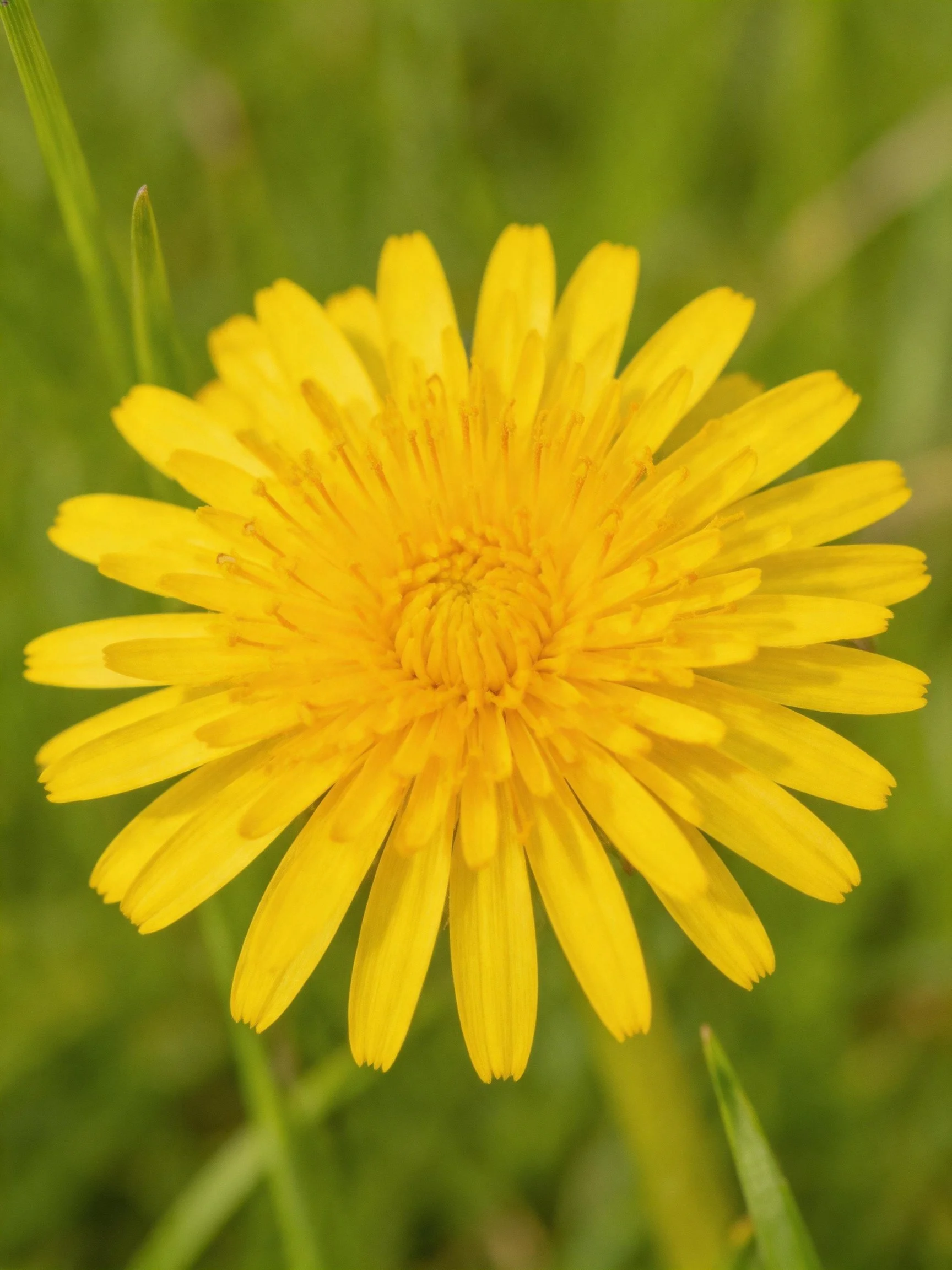 Bright yellow dandelion flower centered among green grass
