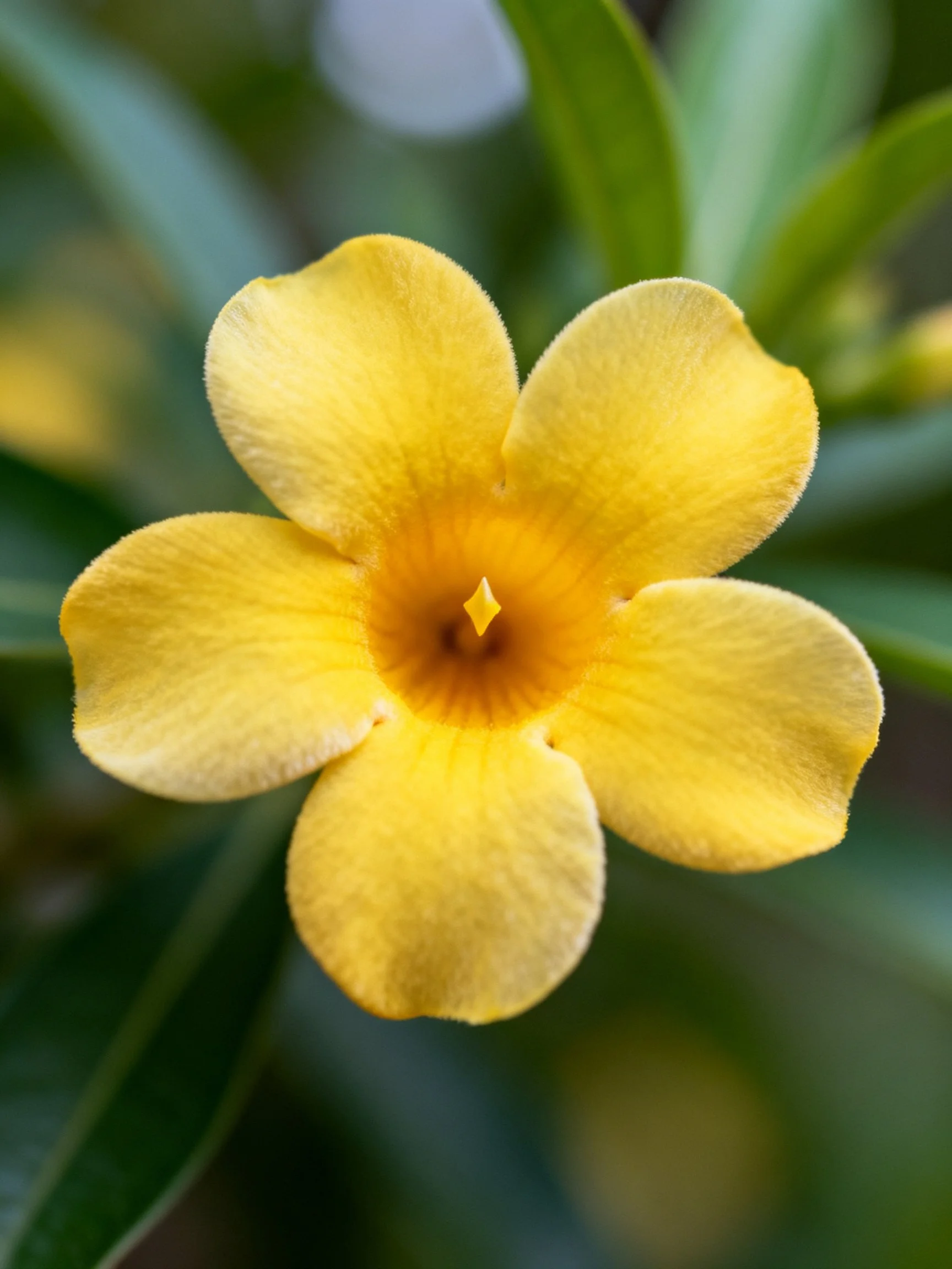 Bright yellow five - petal flower with green foliage backdrop
