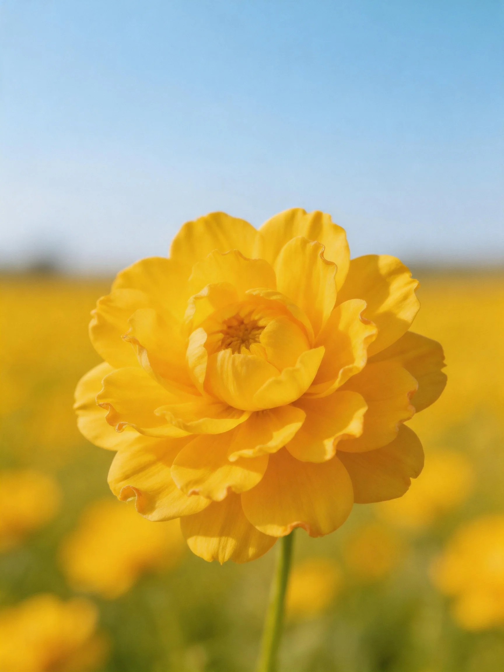 Bright yellow flower centered among golden blooms under blue sky