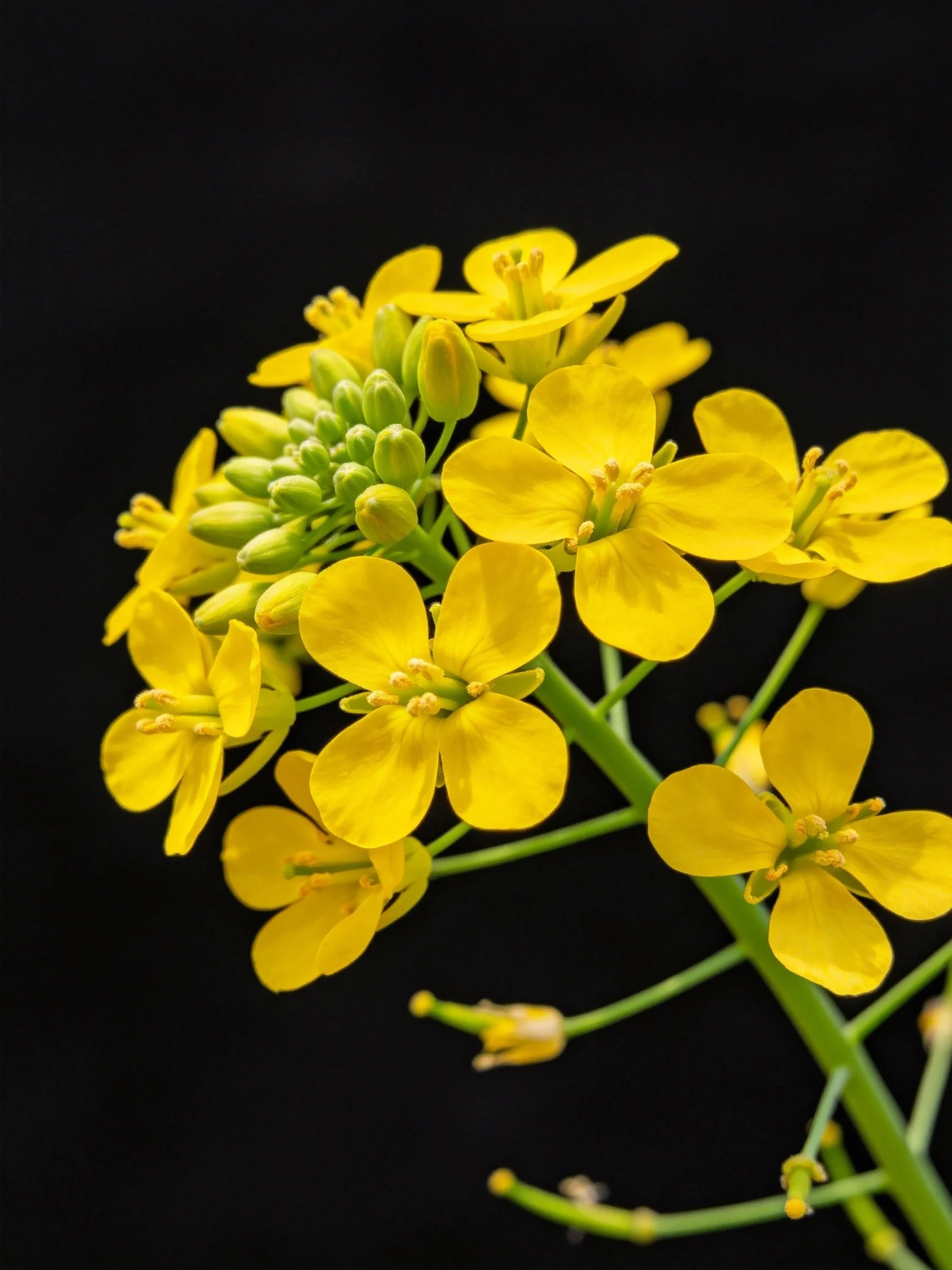 Bright yellow flower cluster with green buds on black background