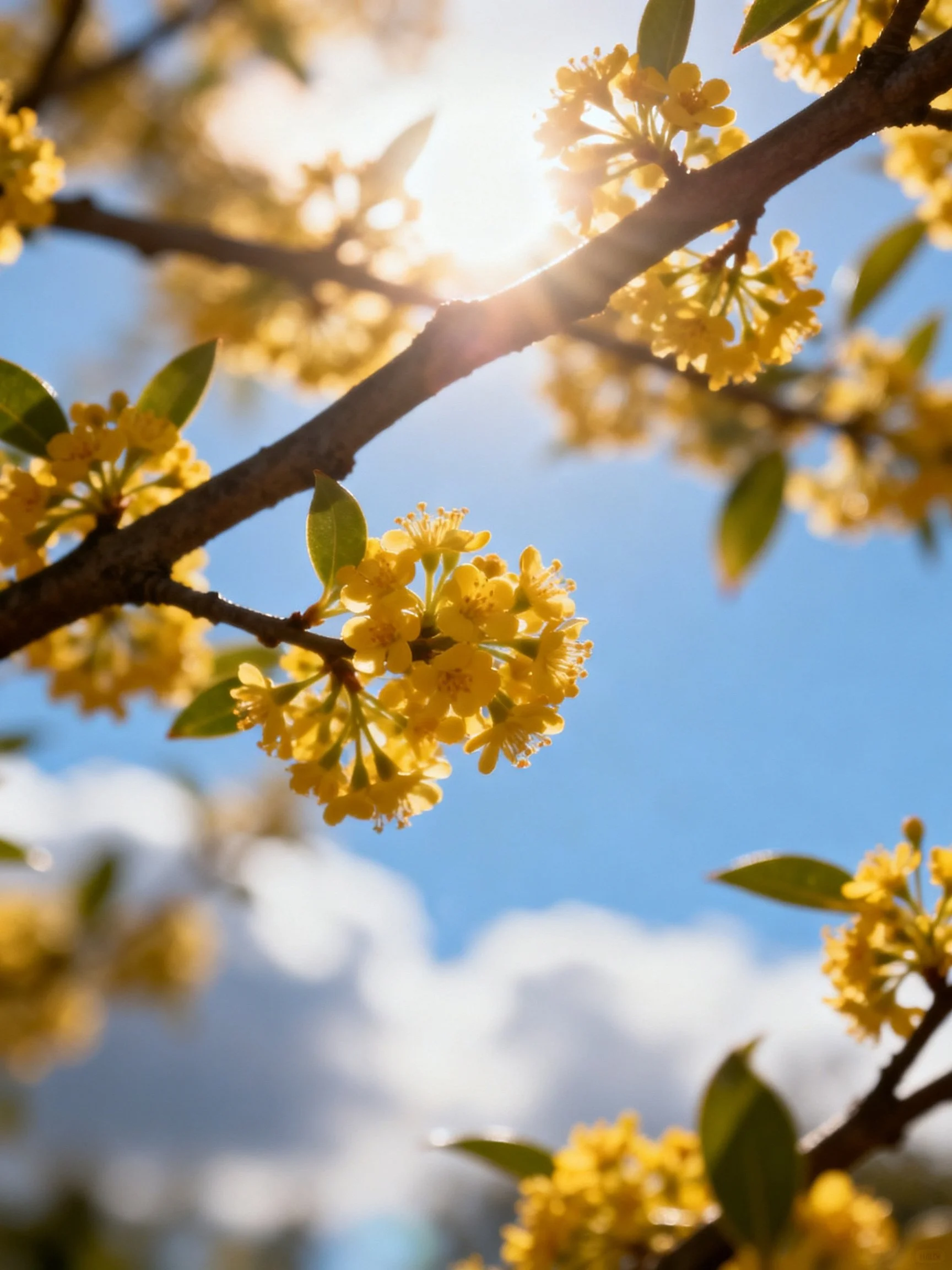 Bright yellow flower clusters on tree branches under sunny sky