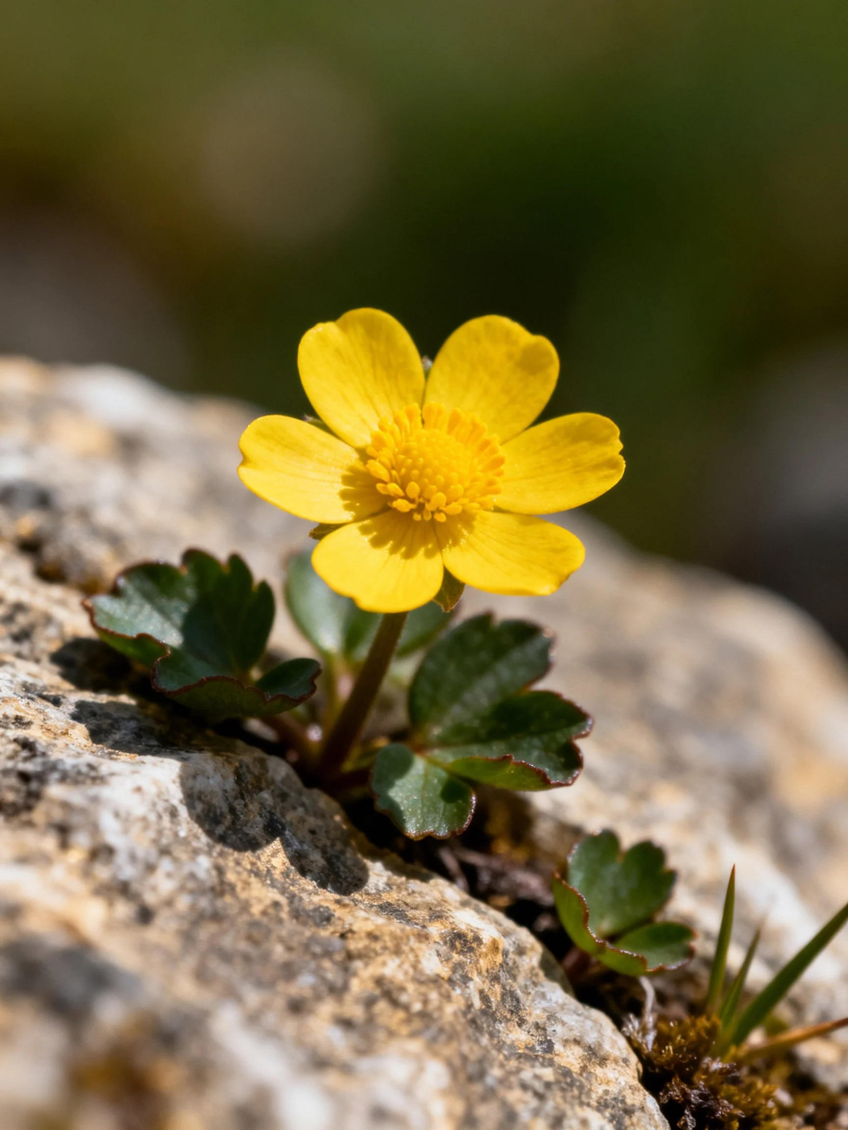Bright yellow flower emerging from rocky crevice with green foliage