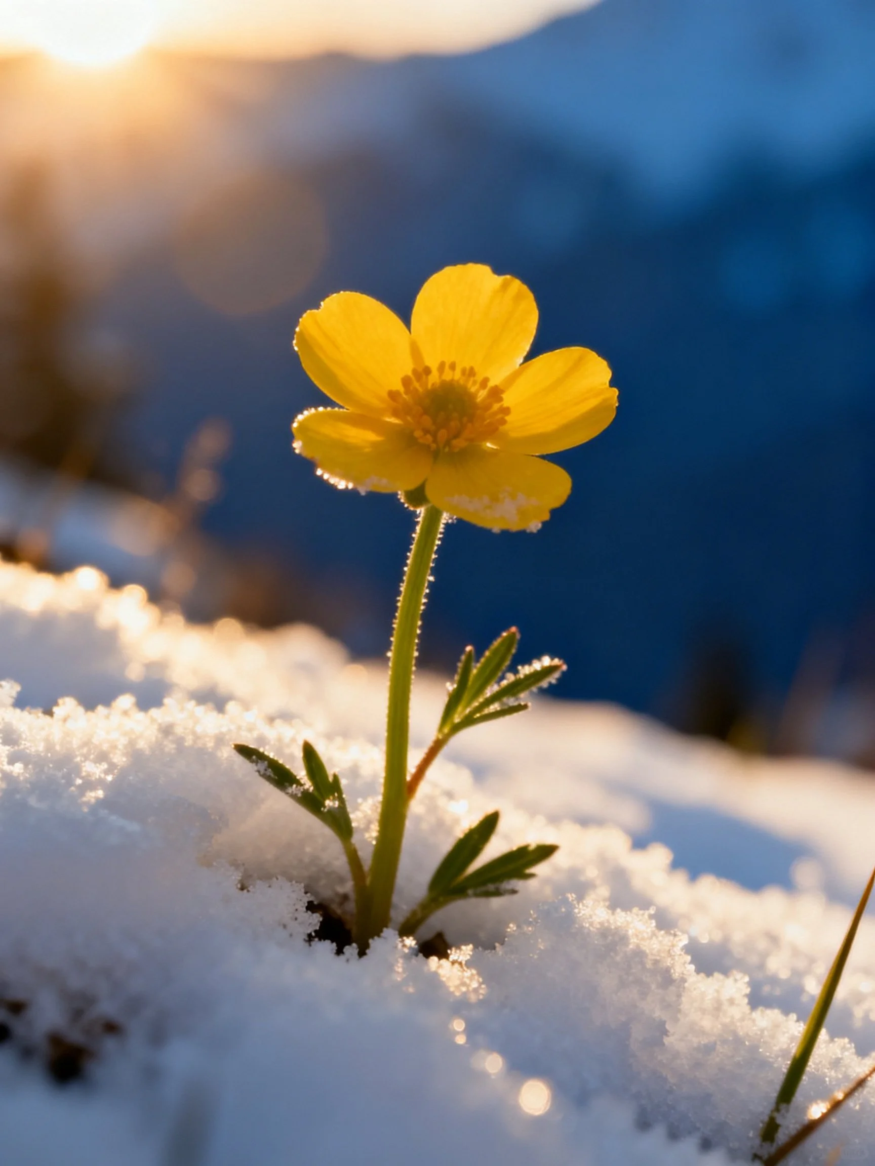 Bright yellow flower emerging from snowy landscape with mountain backdrop