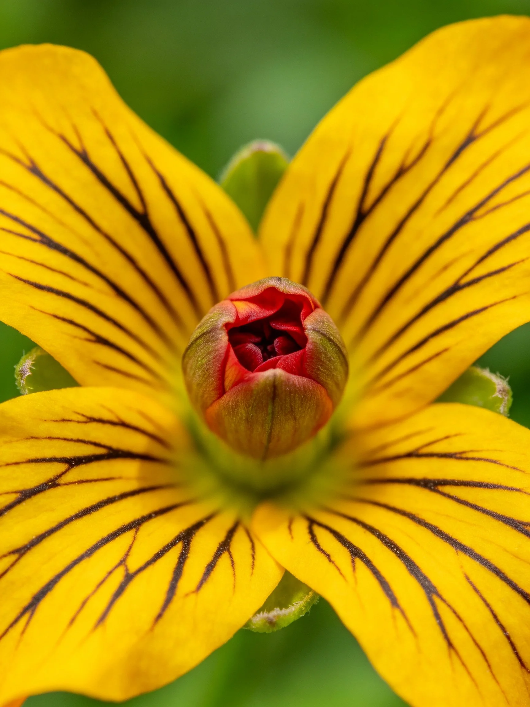 Bright yellow flower with bold black stripes and red central bud