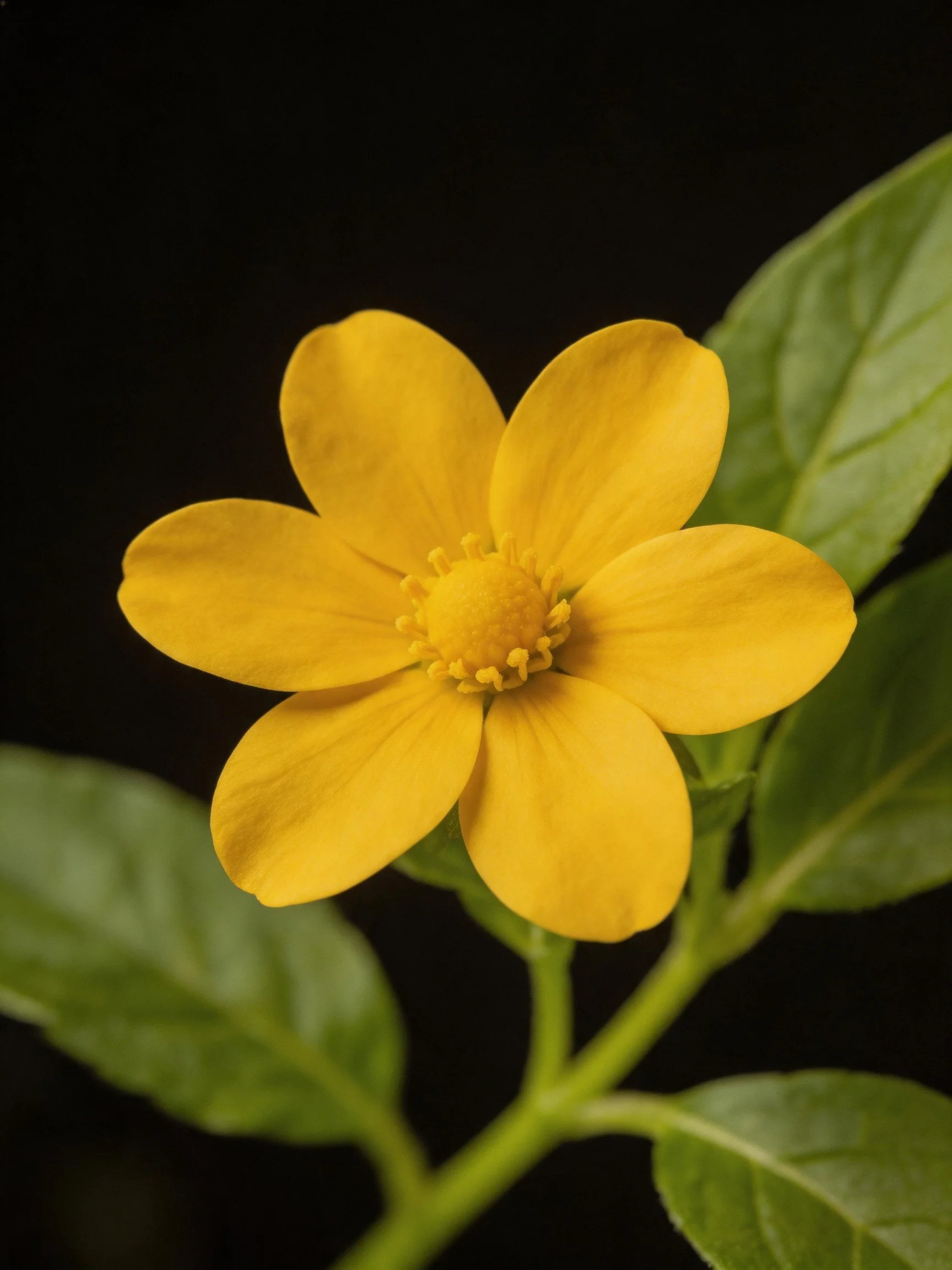 Bright yellow flower with five petals and green leaves