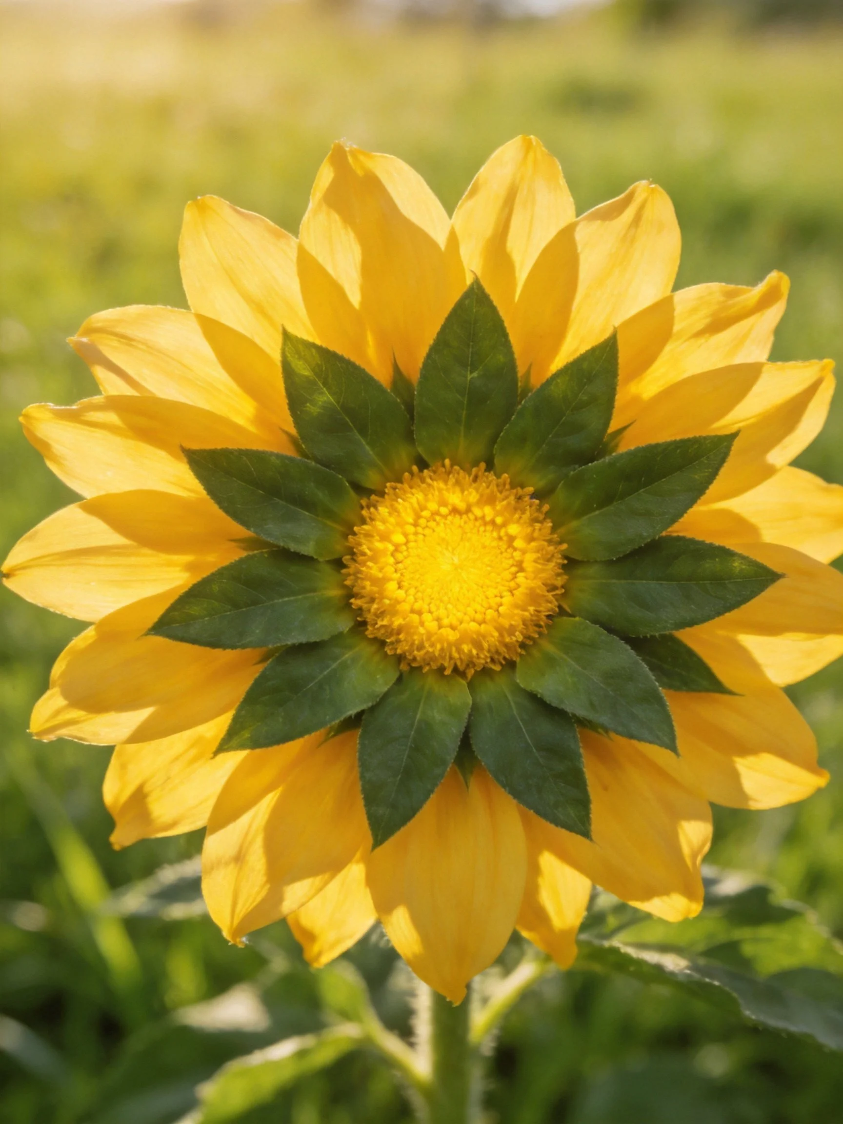 Bright yellow flower with layered petals and green leaf center