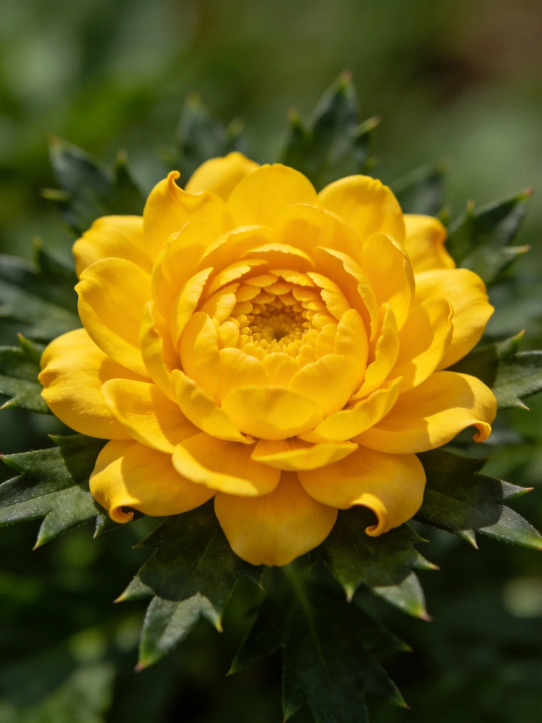 Bright yellow flower with layered petals and spiky green foliage