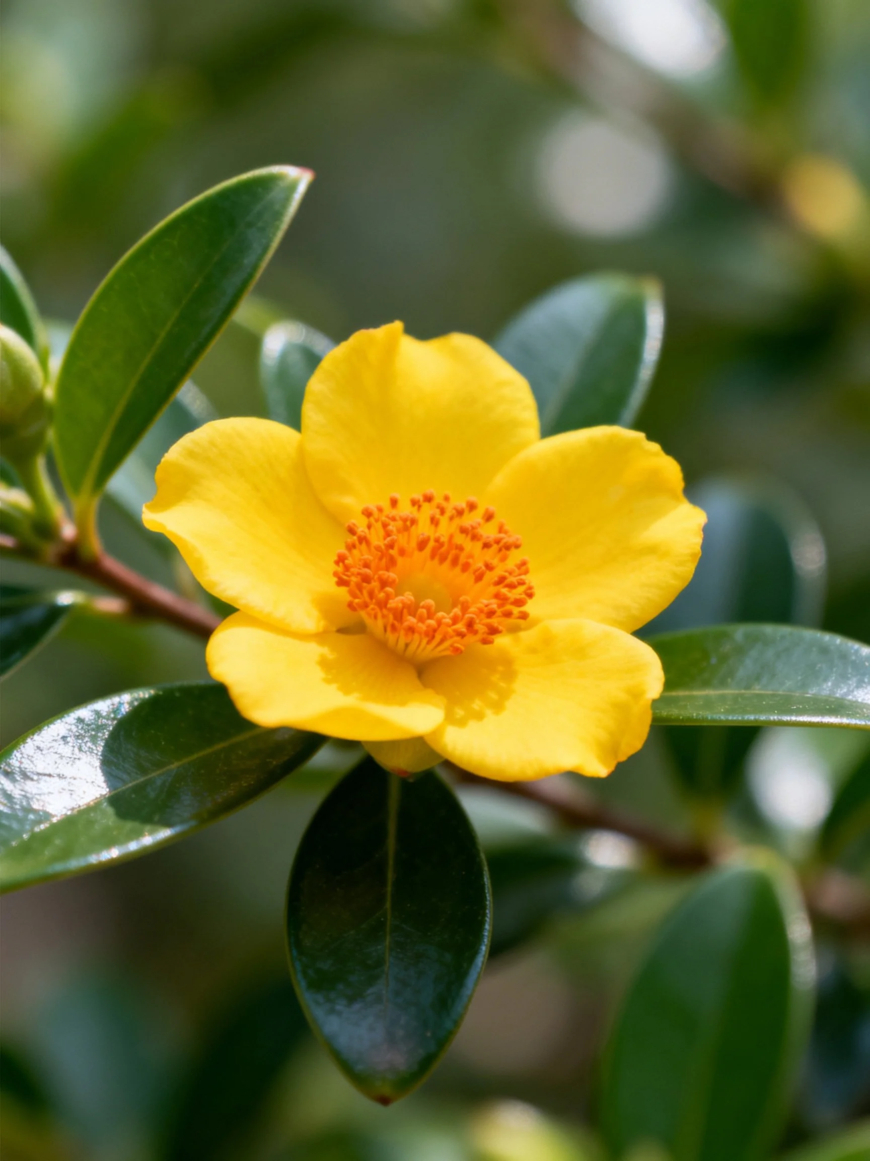 Bright yellow flower with orange center amid glossy green leaves