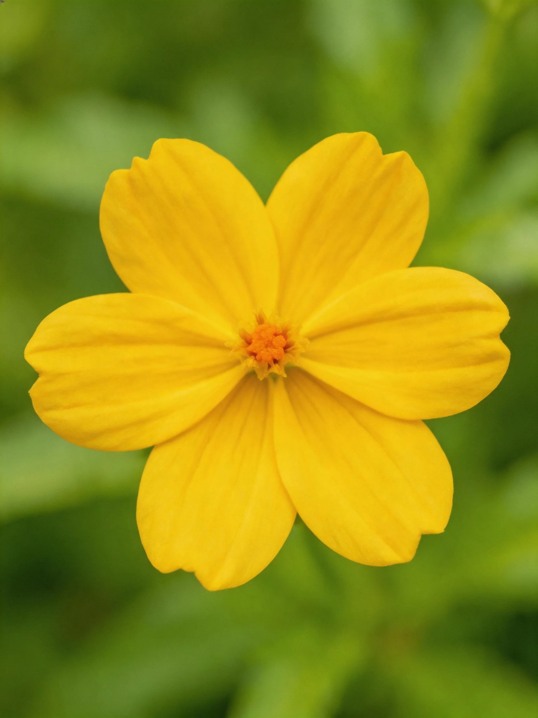A bright yellow flower with six petals is centered against a soft green blurred natural background.