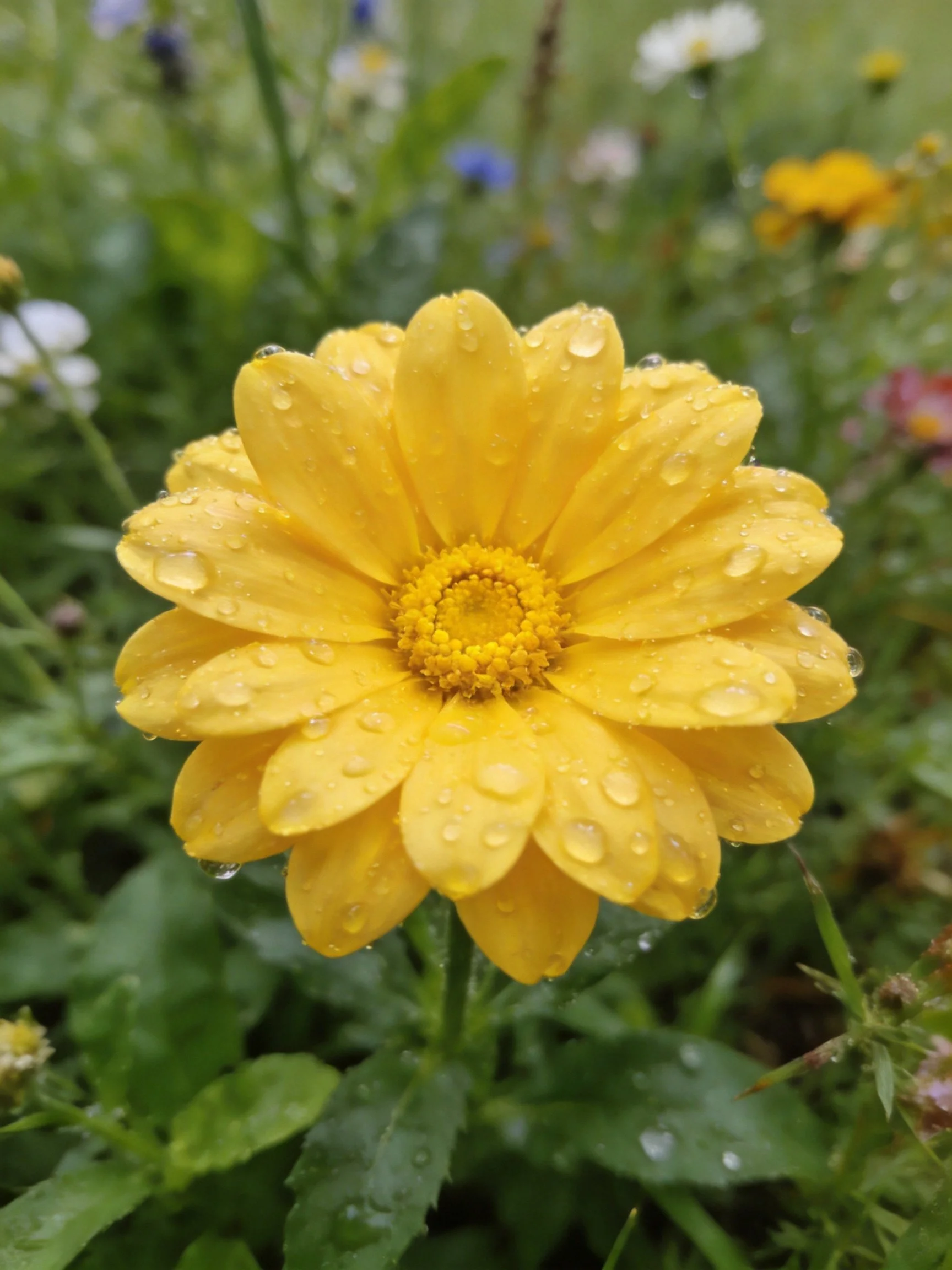 Bright yellow flower with water droplets, surrounded by green foliage