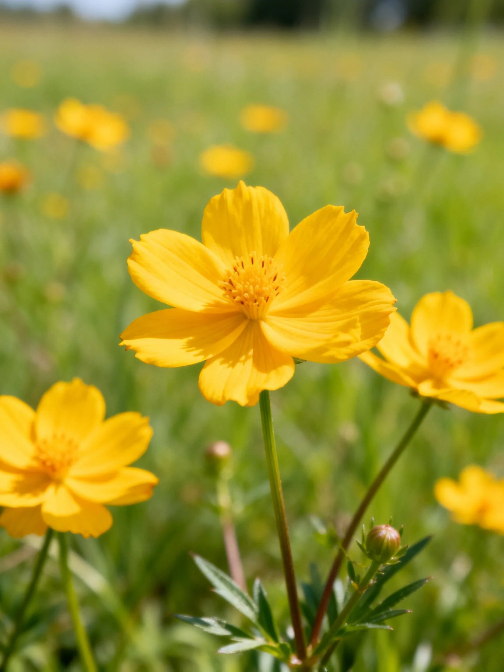 Bright yellow flowers bloom in a lush green meadow