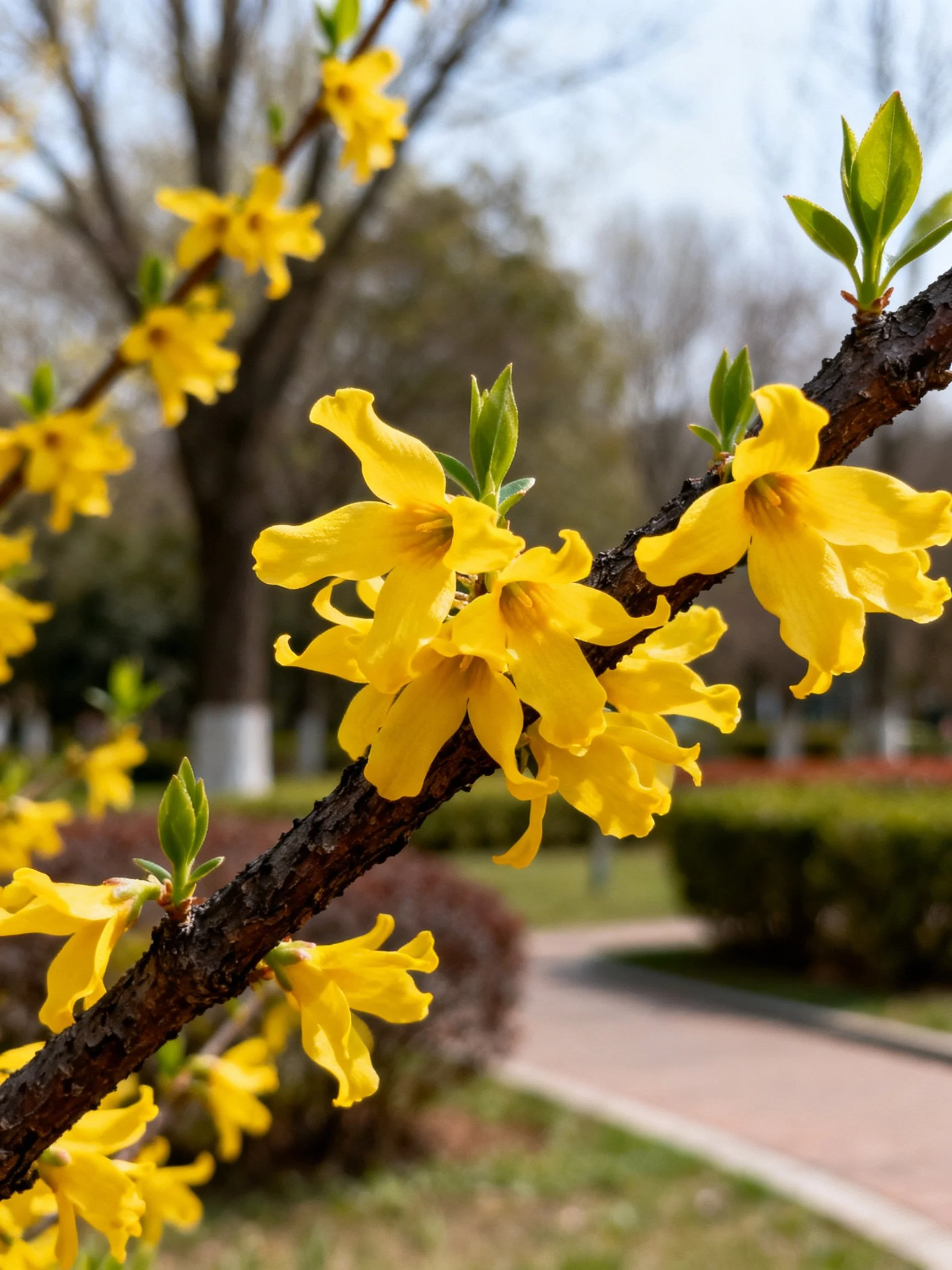 Bright yellow flowers bloom on dark branches in a sunlit park