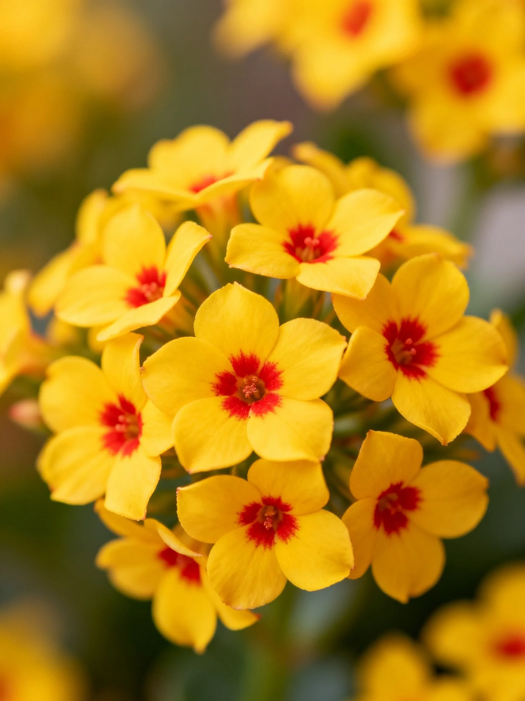 Bright yellow flowers with red centers clustered densely