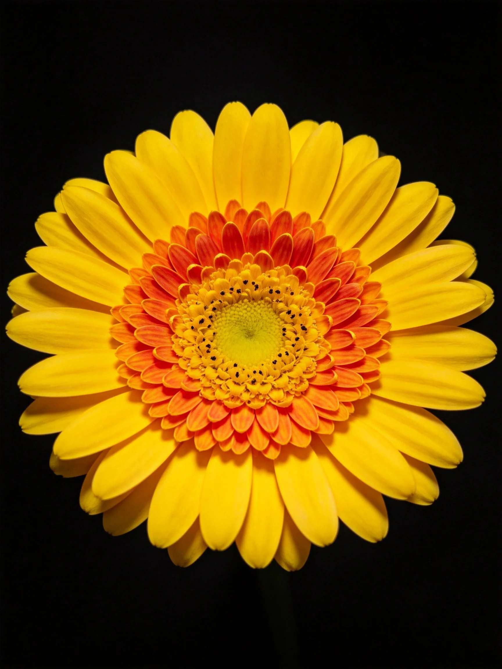 Bright yellow gerbera daisy with layered orange-red center