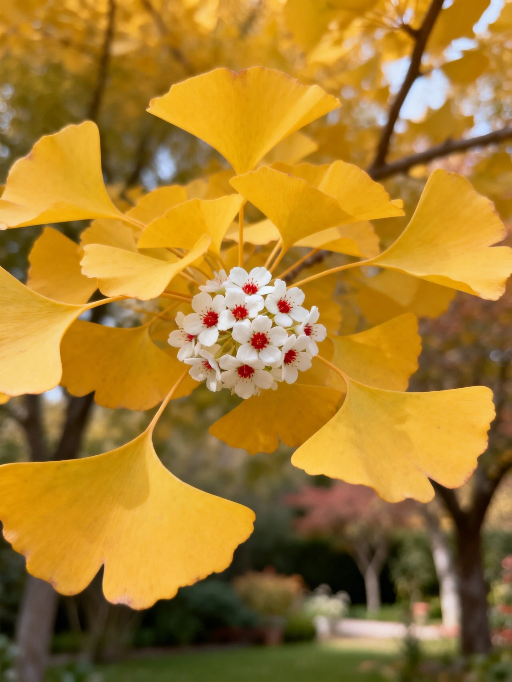 Bright yellow ginkgo leaves encircle a cluster of white and red flowers