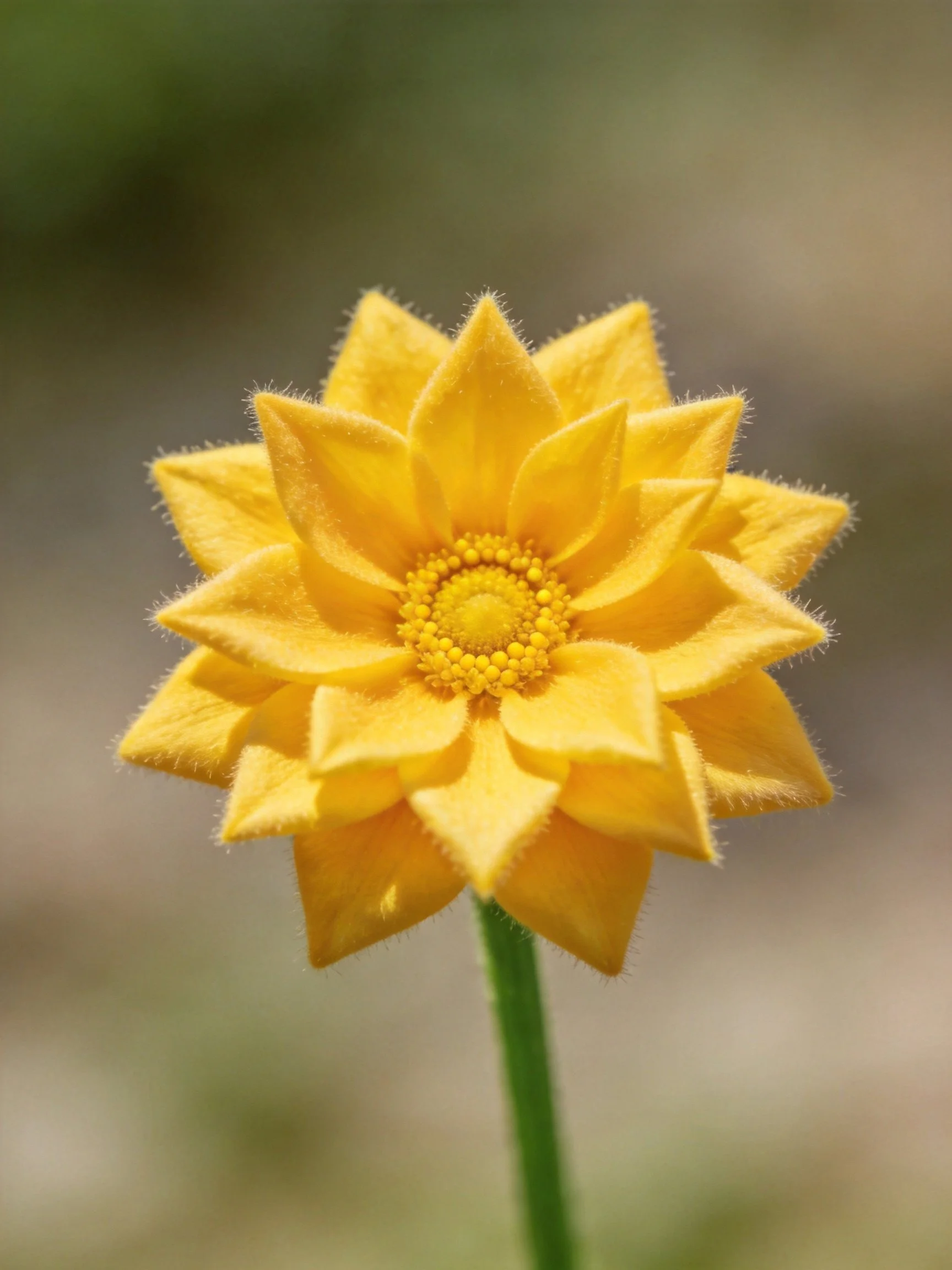Bright yellow layered felt flower with a green stem