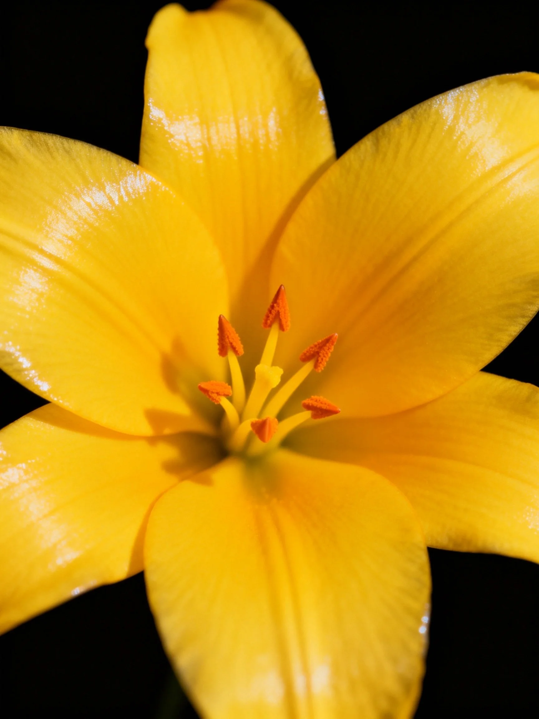 Bright yellow lily with orange stamens against a dark background