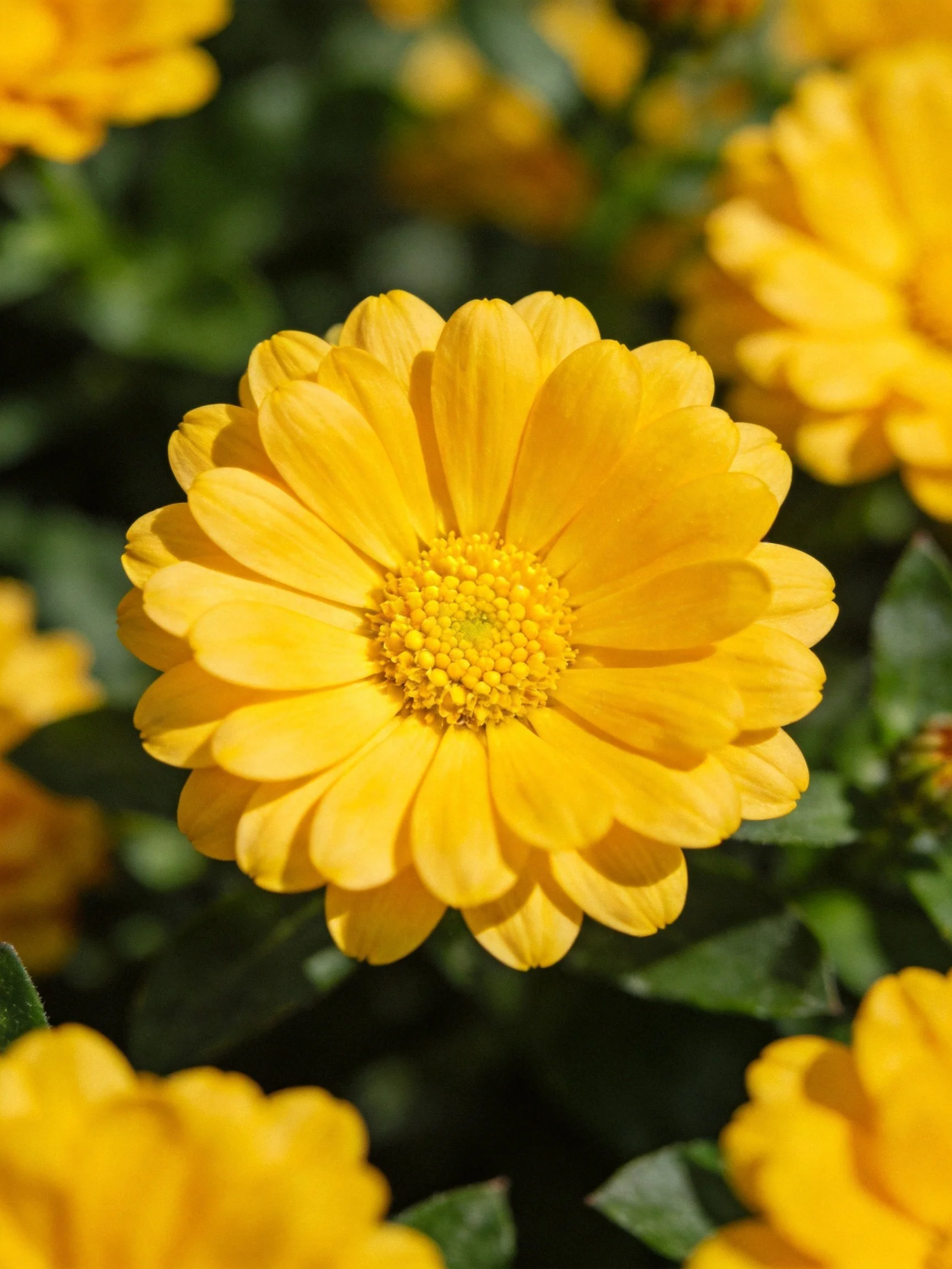 Bright yellow marigold blooms with lush green foliage