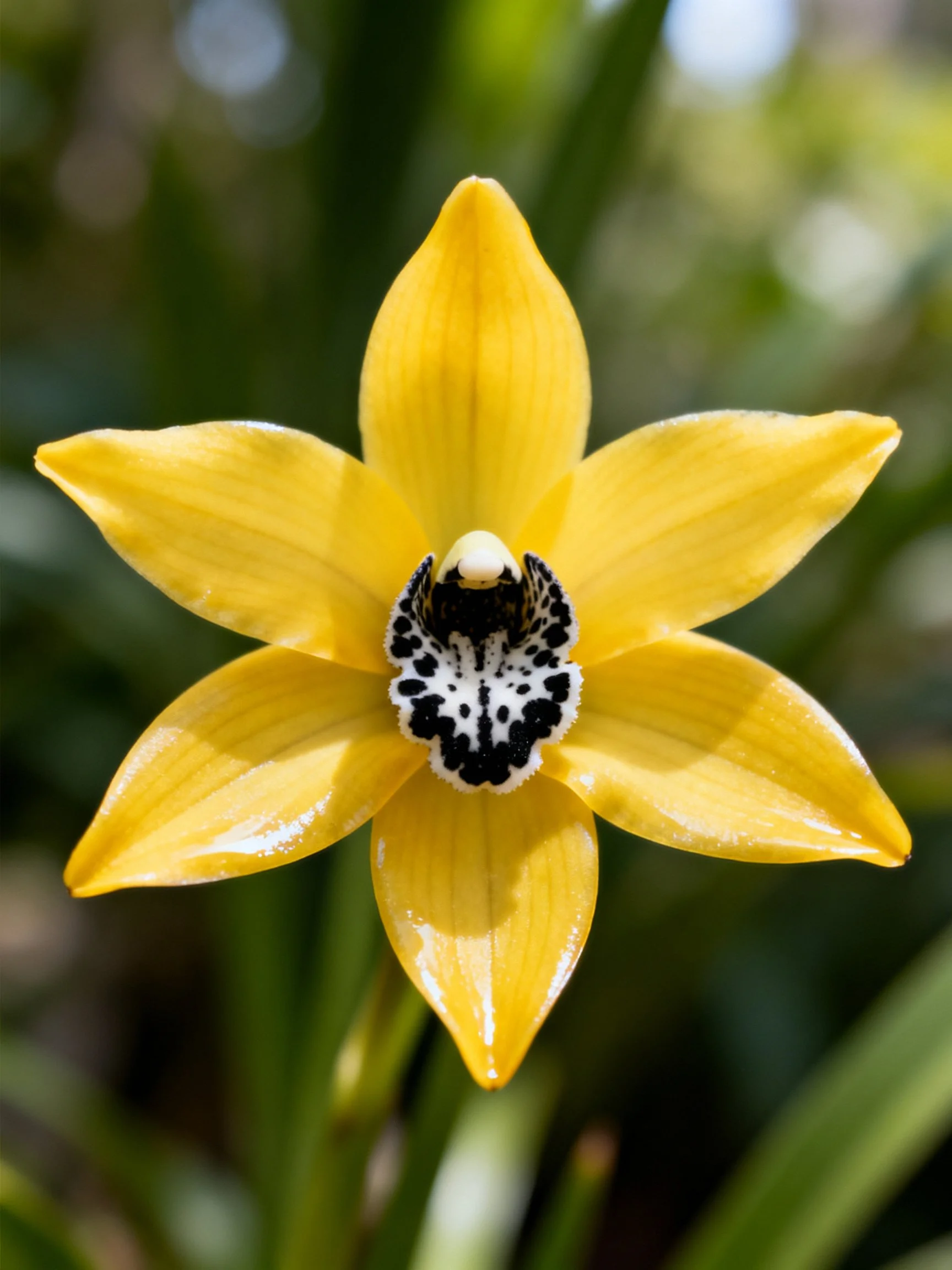 Bright yellow orchid with black and white central pattern